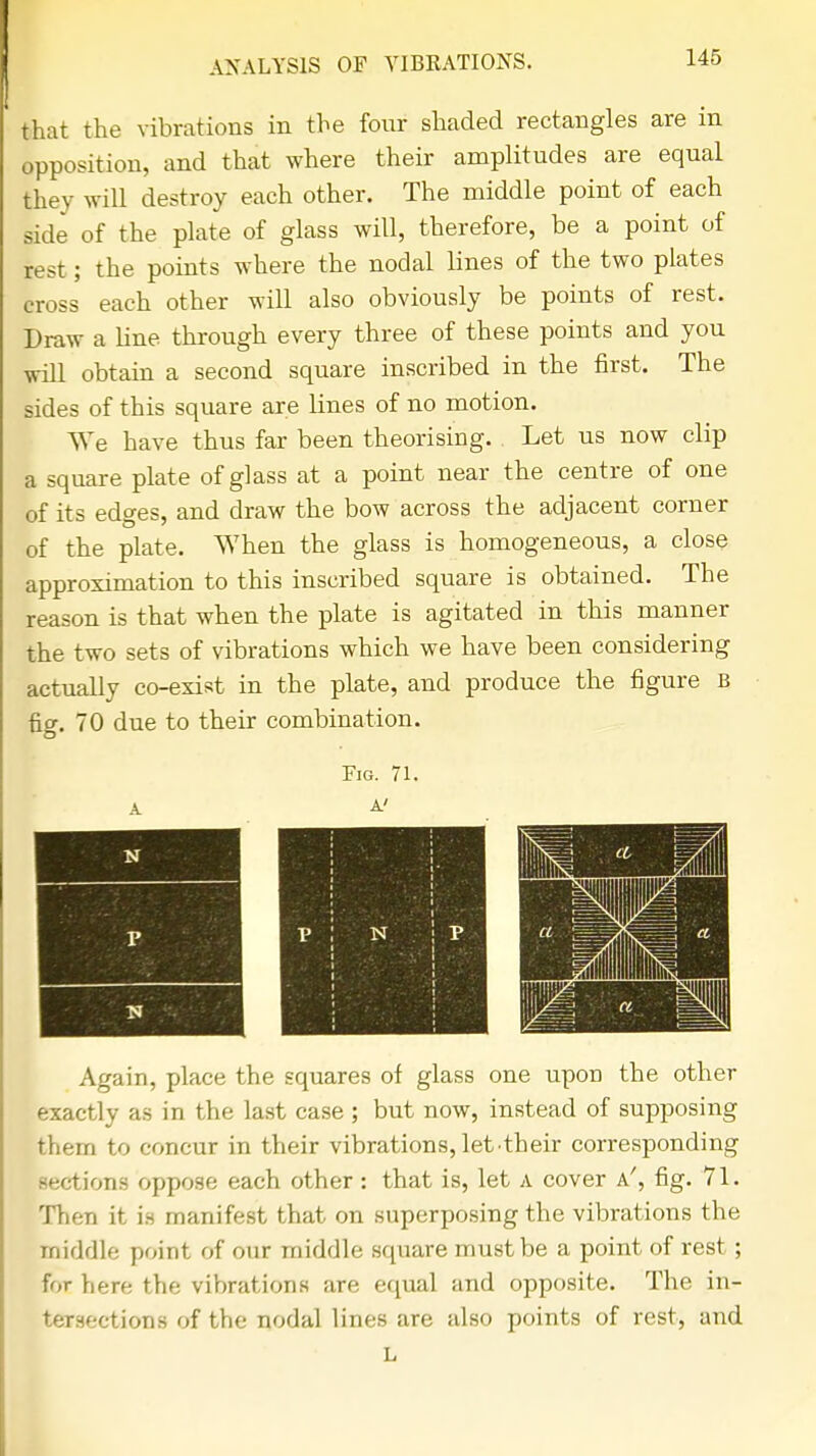 that the vibrations in the four shaded rectangles are in opposition, and that where their amplitudes are equal they will destroy each other. The middle point of each side of the plate of glass will, therefore, be a point of rest; the points where the nodal lines of the two plates cross each other will also obviously be points of rest. Draw a line through every three of these points and you will obtain a second square inscribed in the first. The sides of this square are lines of no motion. We have thus far been theorising. Let us now clip a square plate of glass at a point near the centre of one of its edges, and draw the bow across the adjacent corner of the plate. When the glass is homogeneous, a close approximation to this inscribed square is obtained. The reason is that when the plate is agitated in this manner the two sets of vibrations which we have been considering actually co-exist in the plate, and produce the figure B fig. 70 due to their combination. Fig. 71. A A' Again, place the squares of glass one upon the other exactly as in the last case ; but now, instead of supposing them to concur in their vibrations, lettheir corresponding sections oppose each other : that is, let A cover a', fig. 71. Then it is manifest that on superposing the vibrations the middle point of our middle square must be a point of rest; for here the vibrations are equal and opposite. The in- tersections of the nodal lines are also points of rest, and