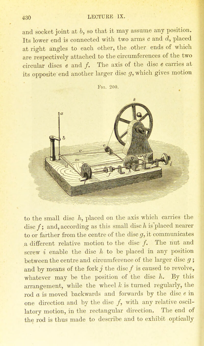 and socket joint at b, so that it may assume any position. Its lower end is connected with two arms c and cl, placed at right angles to each other, the other ends of which are respectively attached to the circumferences of the two circular discs e and /. The axis of the disc e carries at its opposite end another larger disc g, which gives motion Fig. 200. A' to the small disc h, placed on the axis which carries the disc/; and,according as this small disch is~placed nearer to or farther from the centre of the disc g, it communicates a different relative motion to the disc /. The nut and screw i enable the disc h to be placed in any position between the centre and circumference of the larger disc g ; and by means of the fork j the disc / is caused to revolve, whatever may be the position of the disc h. By this arrangement, while the wheel h is turned regularly, the rod a is moved backwards and forwards by the disc e in one direction and by the disc /, with any relative oscil- latory motion, in the rectangular direction. The end of the rod is thus made to describe and to exhibit optically
