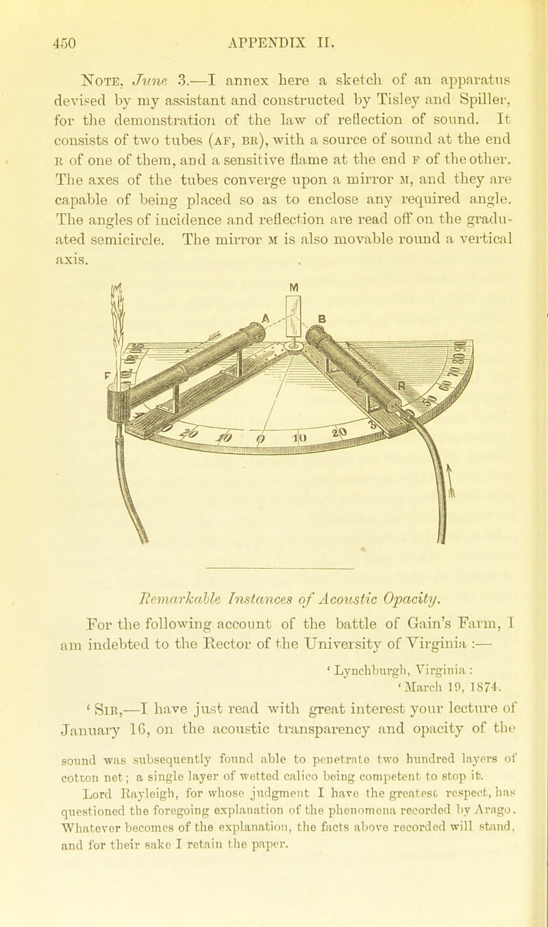 Note. June 3.—I annex here a sketch of an apparatus devised by my assistant and constructed by Tisley and Spiller, for the demonstration of the law of reflection of sound. It consists of two tubes (af, br), with a source of sound at the end E of one of them, and a sensitive fiame at the end f of the other. The axes of the tubes converge upon a mirror m, and they are capable of being placed so as to enclose any required angle. The angles of incidence and reflection are read off on the gradu- ated semicircle. The mirror m is also movable round a vertical axis. Remarkable Instances of Acoustic Opacity. For the following account of the battle of Gain's Farm, 1 am indebted to the Rector of the University of Virginia :— ' Lynchburgh, Virginia : 'March 19, 1874. ' Sir,—I have just read with great interest your lecture of •January 16, on the acoustic transparency and opacity of the sound was subsequently found able to penetrate two hundred layers of cotton net ; a single layer of wetted calico being competent to stop it. Lord Kayleigh, for whose judgment I have the greatest respect, has questioned the foregoing explanation of the phenomena recorded 1 >v Arago. Whatever becomes of the explanation, the facts above recorded will stand, and for their sake I retain the paper.