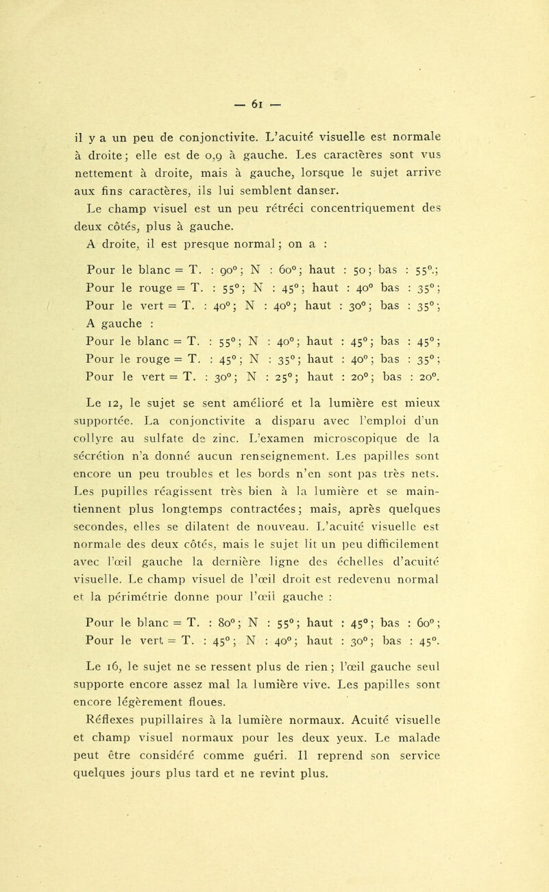 il y a un peu de conjonctivite. L'acuité visuelle est normale à droite ; elle est de 0,9 à gauche. Les caractères sont vus nettement à droite, mais à gauche, lorsque le sujet arrive aux fins caractères, ils lui semblent danser. Le champ visuel est un peu rétréci concentriquement des deux côtés, plus à gauche. A droite, il est presque normal ; on a : Pour le blanc = T. : 90°; N : 60°; haut : 50 ; bas : 55°; Pour le rouge = T. : 55°; N : 45°; haut : 40° bas : 35°; Pour le vert = T. : 40°; N : 40°; haut : 30°; bas : 35°-, A gauche : Pour le blanc = T. : 55*^; N : 40°; haut : 45^; bas : 45°; Pour le rouge = T. : 45°; N : 35°; haut : 40°; bas : 35°; Pour le vert = T. : 30''; N : 25°; haut : 20; bas : 20. Le 12, le sujet se sent amélioré et la lumière est mieux supportée. La conjonctivite a disparu avec l'emploi d'un collyre au sulfate de zinc. L'examen microscopique de la sécrétion n'a donné aucun renseignement. Les papilles sont encore un peu troubles et les bords n'en sont pas très nets. Les pupilles réagissent très bien à la lumière et se main- tiennent plus longtemps contractées; mais, après quelques secondes, elles se dilatent de nouveau. L'acuité visuelle est normale des deux côtés, mais le sujet lit un peu difficilement avec l'œil gauche la dernière ligne des échelles d'acuité visuelle. Le champ visuel de l'œil droit est redevenu normal et la périmétrie donne pour l'œil gauche : Pour le blanc = T. : 80^^ ; N : 55^; haut : 45°; bas : 60; Pour le vert = T. : 45°; N : 40; haut : 30°; bas : 45°. Le 16, le sujet ne se ressent plus de rien; l'œil gauche seul supporte encore assez mal la lumière vive. Les papilles sont encore légèrement floues. Réflexes pupillaires à la lumière normaux. Acuité visuelle et champ visuel normaux pour les deux yeux. Le malade peut être considéré comme guéri. Il reprend son service quelques jours plus tard et ne revint plus.