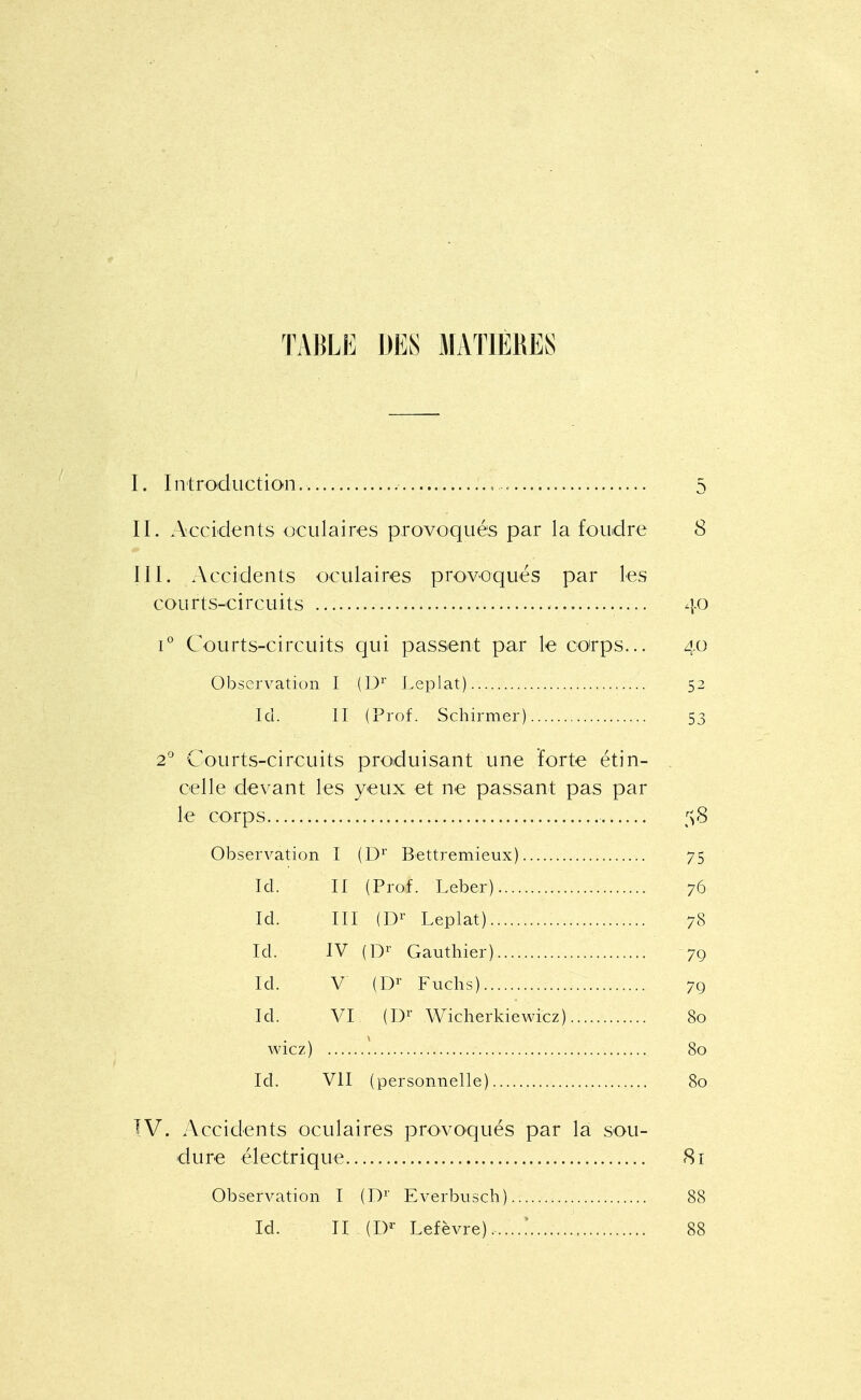 TABLE DES MATIÈRES I. Introduction. 5 II. Accidents oculaires provoqués par la foudre 8 m. Accidents oculaires provoqués par les courts-circuits 40 i'' Courts-circuits qui passent par le corps... 40 Observation I (D'' Leplat) 52 Ici. II (Prof. Schirmer) 53 2'-' Courts-circuits produisant une forte étin- celle devant les yeux et ne passant pas par le corps [yS Observation I (D^ Bettremieux) 75 Id. II (Prof. Leber) 76 Id. TII (D^- Leplat) 78 Id. IV (I> Gauthier) 79 Id. V (D^- Fuchs) 79 Id. VI (D»' Wicherkiewicz) 80 wicz) 80 Id. VII (personnelle) 80 IV. Accidents oculaires provoqués par la sou- dure électrique 8î Observation I (D^' Everbuscb) 88 Id. II [ly Lefèvre). 88
