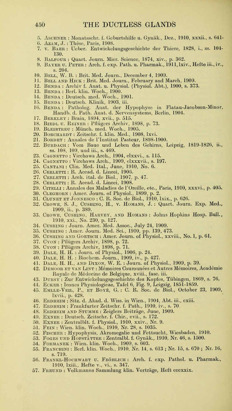 5. Aschner : Monatsschr. f. Geburtshilfe u. Gynak., Dez., 1910, xxxii., s. 641- 6. AzAM, J. : These, Paris, 1908. 7. V. Baer : Ueber. Entwickelungsgeschichte der Thiere, 1828, i., ss. 104- 130. 8. Balfour : Quart. Jo urn. Micr. Science, 1874, xiv., p. 362. 9. Bayer u. Peter : Arch. f. exp. Path. u. Pharmak., 1911, Ixiv., Hefte iii., iv., s. 204. 10. Bell, W. B. : Brit. Med. Journ., December 4, 1909. 11. Bell and Hick : Brit. Med. Journ., February and March, 1909. 12. Benda : Archiv f. Anat. u. Physiol. (Physiol. Abt.), 1900, s. 373. 13. Bbnda : Berl. klin. Woch., 1900. 14. Benda : Deutsch. med. Woch., 1901. 15. Benda : Deutsch. Klinik, 1903, iii. 16. Benda : Patholog. Anat. der Hypophyse in Flatau-Jacobson-Minor, Handb. d. Path. Anat. d. Nervensystems, Berlin, 1904. 17. Berkley : Brain, 1894, xvii., p. 515. 18. BiEDL u. Reiner : Pfliigers Archiv, 1898, p. 73. 19. Bleibtreu : Miinoh. med. Woch., 1905. 20. BoRCHARDT : Zeitschr. f. klin. Med., 1908, Ixvi. 21. BoRDET : Annales de I'lnstitut Pasteur, 1898-1900. 22. Btjrdach : Vom Baue und Leben des Gehirns, Leipzig, 1819-1826, ii., ss. 108, 109, und iii., s. 469. 23. Cagnetto : Virchows Arch., 1904, clxxvi., s. 115. 24. Cagnetto : Virchows Arch., 1909, clxxxvii., s. 197. 25. Cantani : Clin. Med. Ital., June, 1910, No. 6. 20. Cerletti : B. Accad. d. Lincei, 1908. 27. Cerletti : Arch. ital. de Biol., 1907, p. 47. 28. Cerletti : R. Accad. d. Lincei, 1908. 29. CiTELLi: Annales des Maladies de I'Oreille, etc., Paris, 1910, xxxvi., p. 405. 30. Cleghorn : Amer. Journ. of Physiol., 1899, p. 2. 31. Clunet et Jonnesco : C. R. Soc. de Biol., 1910, Ixix., ]). 626. 32. Crowe, S. J., Citshing, H., v. Homans, J. : Quart. Journ. Exp. Med., 1909, ii., p. 389. 33. Crowe, Gushing, Harvey, and Homans : Johns Hopkins Hosp. Bull., 1910, xxi., No. 230, p. 127. 34. Gushing : Journ. Amer. Med. Assoc., July 24, 1909. 35. Gushing : Amer. Journ. Med. Sci., 1910, pp. 139, 473. 36. Gushing and Goetsch : Amer. Journ. of Physiol., xxviii.. No. 1, p. 61. 37. Cyon : Pfliigers Archiv, 1898, p. 72. 38. Cyon : Pfliigers Archiv, 1898, p. 71. 39. Dale, H. H. : Journ. of Physiol., 1906, p. 24. 40. Dale, H. H. : Biochem. Journ., 1909, iv., p. 427. 41. Dale, H. H., and Dixon, W. E. : Journ. of Physiol., 1909, p. 39. 42. Demoor et van Lint : Memoires Couronnees et Autres Memoires, Academie Royale de Medecine de Belgique, xviii., fasc. iii. 43. DuRSY : Zur Entwickelungsgeschichte des Kopfes, Tiibingen, 1869, s. 76. 44. EcKER : Icones Physiologicae, Tafel 6, Fig. 9, Leigzig, 1851-1859. 45. Emlle-Veil, p., et Boyb, G. : C. R. Soc. de Biol., October 23, 1909, Ixvii., p. 428. 46. Erdheim : Sitz. d. Akad. d. Wiss. in Wien., 1904, Abt. iii., cxiii. 47. Erdheim : Frankfurter Zeitschr. f. Path., 1910, iv., s. 70. 48. Erdheim and Stumme : Zeiglers Beitrage, June, 1909. 49. ExNER : Deutsch. Zeitschr. f. Chir., cvii., s. 172. 50. ExNER : Zentralblt. f. Physiol., 1910, xxiv.. Nr. 9. 51. Fein : Wien. klin. Woch., 1910, Nr. 28, s. 1035. 52. Fischer : Hypophysis, Akromegalie und Fettsucht, Wiesbaden, 1910. 53. FoGES UND HoFSTATTER : Zeutralbl. f. Gynak., 1910, Nr. 46, s. 1500. 54. FoRMANEK : Wien. klin. Woch., 1909, s. 603. 55. Franchini : Berl. klin. Woch., 1910, Nr. 14, s. 613 ; Nr. 15, s. 670 ; Nr. 16, s. 719. 56. Frankl-Hochwart u. Frohlich : Arch. f. exp. Pathol, u. Pharmak., 1910, Ixiii., Hefte v., vi., s. 347. 57. Freund : Volkmanns Sammlung klin. Vortrage, Heft cccxxix.