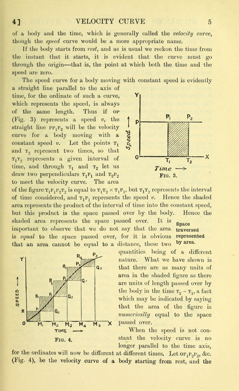 of a body and the time, which is generally called the velocity curve, though the speed curve would be a more approjjriate name. If the body starts from rest, and as is usual we reckon the time from the instant that it starts, it is evident that the curve must go through the origin—that is, the point at which both the time and the speed are zero. The speed curve for a body moving with constant speed is evidently a straight line parallel to the axis of time, for the ordinate of such a curve, which represents the speed, is always of the same length. Thus if op (Fig. 3) represents a speed v, the straight line pPjP2 will be the velocity curve for a body moving with a constant speed v. Let the points and represent two times, so that TjTg represents a given interval of time, and through and Tg let us draw two perpendiculars t^p^ and TgPg to meet the velocity curve. The area of the figure T^P^PgTg is equal to t^t^ x t^p^, but t^t.^ represents the interval of time considered, and t^p^ represents the speed v. Hence the shaded area represents the product of the interval of time into the constant speed, but this product is the space passed over by the body. Hence the shaded area represents the space passed over. It is ^^^^^ important to observe that we do not say that the area traversed is equal to the space passed over, for it is obvious represented that an area cannot be equal to a distance, these two quantities being of a different nature. What we have shown is that there are as many units of area in the shaded figure as there are units of length passed over by the body in the time - a fact which may be indicated by saying that the area of the figure is numerically equal to the space passed over. When the speed is not con- jrj(j_ ^ stant the velocity curve is no longer parallel to the time axis, for the ordinates will now be difierent at different times. Let ov-^v^v^, &c. (Fig. 4), be the velocity curve of a body starting from rest, and the