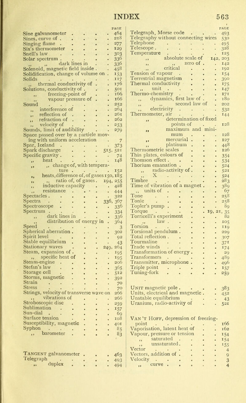 PAGE Sine galvanometer .... 464 Sines, curve of . . . . . 218 Singing flame 277 Six's thermometer . . . .129 Snell's law 303 Solar spectrum 33^ dark lines in . . 336 Solenoid, magnetic field inside . . 458 Solidification, change of volume on . 153 Solids 117 thermal conductivity of . . 176 Solutions, conductivity of . . . 501 ,, freezing-point of . . 166 ,, vapour pressure of . . 166 Sound .... . 252 ,, interference of . . , 264 ,, reflection of . . . . 261 ,, refraction of . . . . 262 ,, velocity of ... . 253 Sounds, liinit of audibility . . 279 Space passed over by a particle mov- ing with uniform acceleration . 7 Spar, Iceland 373 Spark discharge . . . 515, 521 Specific gravity ..... 74 ,, heat 148 ,, ,, change of, with tempera- ture .... 152 heats, difference of, of gases 150,185 ,, ,, ratio of, of gases, 194,255 ,, inductive capacity . . 428 resistance . . • . . 444 Spectacles ...... 322 336, Spectra Spectroscope Spectrum ...... ,, dark lines in . . . ,, distribution of energy in . Speed ...... Spherical aberration .... Spirit level ..... Stable equilibrium .... Stationary waves . . . 249, Steam, expansion of . ,, specific heat of . . . Steam-engine Stefan's law , . . . . Storage cell Storms, magnetic .... Strain ... ... Stress ...... Strings, velocity of transverse wave on ,, vibrations of . . . Stroboscopic disc .... Sublimation Sun-dial Surface tension .... Susceptibility, magnetic . Syphon . . . . . ,, barometer .... Tangent galvanometer Telegraph ,, duplex 367 336 334 336 364 3 302 92 43 264 19s 19s 206 365 512 392 70 70 266 266 259 157 69 108 401 85 83 463 493 494 PAGE Telegraph, Morse code . . . 493 Telegraphy without connecting wires 530 Telephone ..... 495 Telescope ...... 328 Temperature . . . . .125 ,, absolute scale of 142, 203 ,, ,, zero of . . 142 ,, critical . . . 192 Tension of vapour . . . .154 Terrestrial magnetism . . . 390 Thermal conductivity ... 175 ,, unit ..... 147 Thermo-chemistry . , . .171 ,, dynamics, first law of . . a8o ,, ,, second law of . 202 ,, electricity .... 532 Thermometer, air .... 144 ,, determination of fixed points of . .128 maximum and mini- mum . . . 128 ,, mercurial . . . 127 ,, platinum . . . 448 Thermometric scales . . . 126 Thin plates, colours of . . . 354 Thomson effect 534 Thorium emanation . . . . 524 ,, radio-activity of. . . 521 „ X 524 Timbre ...... 283 Time of vibration of a magnet . . 389 ,, units of . . . . .67 Tone 258 Tonic 258 Topler's pump . . . . .89 Torque 19, 21, 35 Torricelli's experiment ... 82 ,, law ..... 105 Torsion . . . . . .119 Torsional pendulum .... 229 Total reflection ..... 307 Tourmaline . . . . .371 Trade winds . . . . .174 Transformation of energy ... 29 Transformers 489 Transmitter, microphone . . .496 Triple point ..... 157 Tuning-fork 259 Unit magnetic pole .... Units, electrical and magnetic . Unstable equilibrium Uranium, radio-activity of Van't Hoff, depression of freezing- point .... Vaporisation, latent heat of Vapour, pressure or tension ,, saturated ,, unsaturated Vector Vectors, addition of Velocity curve . 383 452 43 521 166 162 154 154 155 4 9 3 4