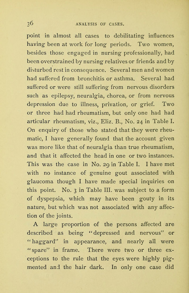 point in almost all cases to debilitating- influences having- been at work for long- periods. Two women, besides those engaged in nursing professionally, had been overstrained by nursing- relatives or friends and by disturbed rest in consequence. Several men and women had suffered from bronchitis or asthma. Several had suffered or were still suffering' from nervous disorders such as epilepsy, neuralg-ia, chorea, or from nervous depression due to illness, privation, or grief. Two or three had had rheumatism, but only one had had articular rheumatism, viz., Eliz. B., No. 24 in Table I. On enquiry of those who stated that they were rheu- matic, I have generally found that the account given was more like that of neuralgia than true rheumatism, and that it affected the head in one or two instances. This was the case in No. 29 in Table I. I have met with no instance of genuine gout associated v^ith glaucoma though I have made special inquiries on this point. No. 3 in Table III. was subject to a form of dyspepsia, which may have been gouty in its nature, but which was not associated with any affec- tion of the joints. A large proportion of the persons affected are described as being ''depressed and nervous or haggard in appearance, and nearly all were spare in frame. There were two or three ex- ceptions to the rule that the eyes were highly pig- mented and the hair dark. In only one case did