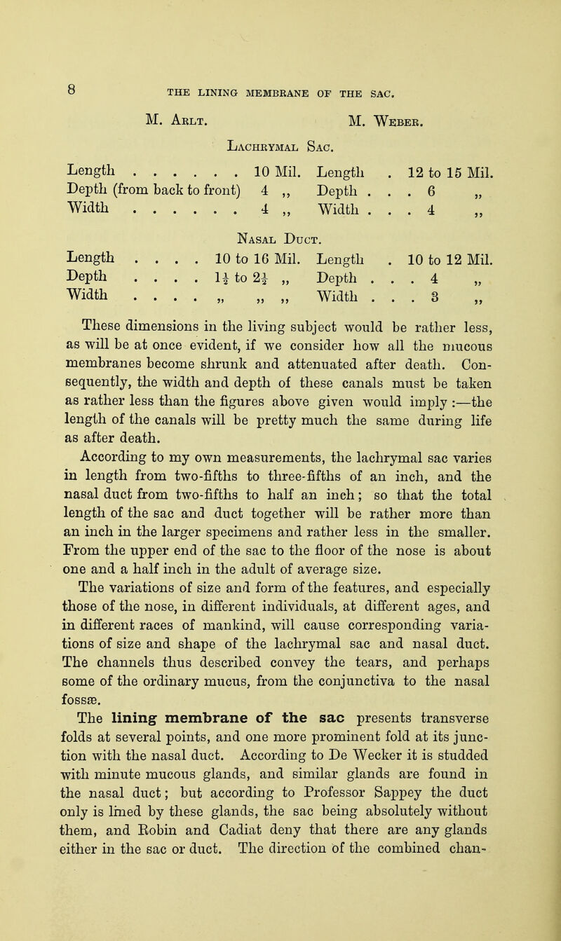 THE LINING MEMBRANE OF THE SAC. M. Aelt. M. Weber. Lachrymal Sac. Length 10 Mil. Length . 12 to 15 Mil. Depth (from back to front) 4 Depth ... 6 „ Width 4 „ Width ... 4 Nasal Duct. Length .... 10 to 16 Mil. Length . 10 to 12 Mil. Depth . . . . li to 2i „ Depth ... 4 Width . . . . „ „ „ Width ... 3 These dimensions in the living subject would be rather less, as will be at once evident, if we consider how all the mucous membranes become shrunk and attenuated after death. Con- sequently, the width and depth of these canals must be taken as rather less than the figures above given would imply :—the length of the canals will be pretty much the same during life as after death. According to my own measurements, the lachrymal sac varies in length from two-fifths to three-fifths of an inch, and the nasal duct from two-fifths to half an inch; so that the total length of the sac and duct together will be rather more than an inch in the larger specimens and rather less in the smaller. From the upper end of the sac to the floor of the nose is about one and a half inch in the adult of average size. The variations of size and form of the features, and especially those of the nose, in different individuals, at different ages, and in different races of mankind, will cause corresponding varia- tions of size and shape of the lachrymal sac and nasal duct. The channels thus described convey the tears, and perhaps some of the ordinary mucus, from the conjunctiva to the nasal fossae. The lining membrane of the sac presents transverse folds at several points, and one more prominent fold at its junc- tion with the nasal duct. According to De Wecker it is studded with minute mucous glands, and similar glands are found in the nasal duct; but according to Professor Sappey the duct only is lined by these glands, the sac being absolutely without them, and Robin and Cadiat deny that there are any glands either in the sac or duct. The direction of the combined chan-