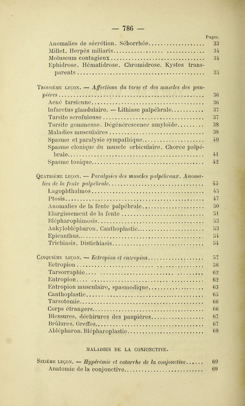 Anomalies cle sécrétion. Séborrhée Millet. Herpès miliaris Moluscum contagieux Ephidrose. Hématidrose. Gliromidrose. Kystes trans- parents Troisième liîçon. — Affections du tarse et des muscles des pau- pières Acné tarsienne Infarctus glandulaire. — Lithiase palpébrale Tarsite scrofuleuse Tarsite gommeuse. Dégénérescence amyloïde Maladies musculaires Spasme et paralysie sympathicxue Spasme clonique du muscle orbiculaire. Ghorée palpé- brale Spasme tonique Quatrième leçon. — Paralysies des muscles palpébraux. Anoma- lies de la fente palpébrale Lagophthalmos Ptosis Anomalies de la fente palpébrale Elargissement de la fente Blépharophimosis Ankyloblépharon. Ganthoplastie Epicanthus Trichiasis. Distichiasis Cinquième leçon. Bctropion et enlropion Ectropion , Tarsorraphie Entropion Entropion musculaire, spasmodique o Ganthoplastie Tarsotomie Gorps étrangers Blessures, déchirures des paupières Brûlures. Greffes Ablépharon. Blépharoplastie. MALADIES DE LA CONJONCTIVE. Sixième leçon. ~ Hypérémie et catarrhe de la conjonctive Anatomie de la conjonctive