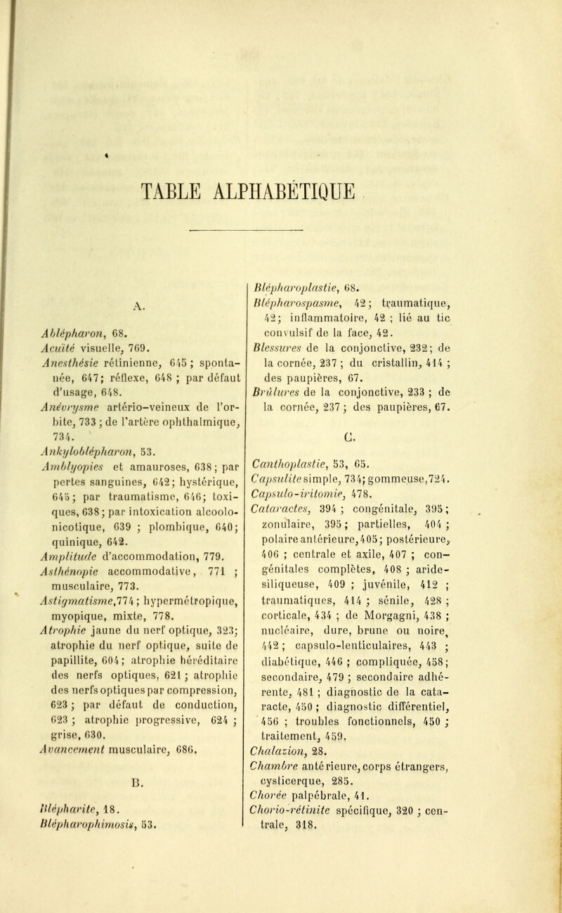 « TABLE ALPHABÉTIQUE A. Ahlépharon, 68. Acuité visuelle, 7G9. A?iesthésie rétinienne, 645 ; sponta- née, 647; réflexe, 648 ; par défaut d'usage, 648. Aiiévnjsme artério-veineux de l'or- bite, 733; de l'artère ophthalmique, 734. AnkyloblépJiaron, 53. Amhbjopies et aniauroses, 638 ; par pertes sanguines, 042; hystérique, 64o; par traumatisme, 6'iG; toxi- ques, 638; par intoxication alcoolo- nicotique, 639 ; plombique, 640; quinique, 642. Amplitude d'accommodation, 779. Asthénopic accommodativo, 771 ; musculaire, 773. Astigmatisme,11k ; hypermétropique, myopique, mixte, 778. Atropine jaune du nerf optique, 323; atrophie du nerf optique, suite de papillite, 604; atrophie héréditaire des nerfs optiques, 621; atrophie des nerfs optiques par compression, 623 ; par défaut de conduction, 623 ; atrophie progressive, 624 ; grise, 630. Avancement musculaire, 686. B. lilépharito, 18. Blépliarophimosis, S3. Blépharoplastie, 68. Blépharospasme, 42; traumatique, 42; inflammatoire, 42 ; lié au tic convulsif de la face, 42. Blessures de la conjonctive, 232; de la cornée, 237 ; du cristallin, 414 ; des paupières, 67. Brûlures de la conjonctive, 233 ; de la cornée, 237 ; des paupières, 67. C. Caiithoplastie, 53, 65. C«/).s?«!^^7esimple, 734; gommeuse,724. Capsulo-iritomie, 478. Cataractes, 394 ; congénitale, 395 ; zonulaire, 395 ; partielles, 404 ; polaireantérieure,405; postérieure;, 406 ; centrale et axile, 407 ; con- génitales complètes, 408 ; aride- siliqueuse, 409 ; juvénile, 412 ; traumatiques, 414 ; sénile, 428 ; corticale, 434 ; de Morgagni, 438 ; nucléaire, dure, brune ou noire^ 442 ; capsulo-leuticulaires, 443 ; diabétique, 446 ; compliquée, 458; secondaire, 479 ; secondaire adhé- rente, 481 ; diagnostic de la cata- racte, 450 ; diagnostic différentiel, 456 ; troubles fonctionnels, 450 ; traitement, 459. Clialazion, 28. Chambre antérieure,corps étrangers, cysticerque, 285. Chorée palpébrale, 41. Chorio-rétinite spécifique, 320 ; cen- trale, 318.