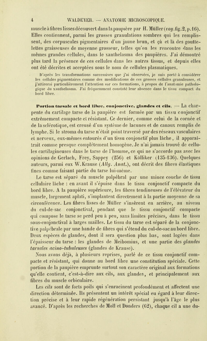 muscle àfibres lisses découvert clans la paupière par H. Mûller(t;o|/.fig.2, p.l6). Elles conliennent, parmi les grosses granulations sombres qui les remplis- sent, des corpuscules pigmentaires d'un jaune brun, et çà et là des goutte- lettes graisseuses de moyenne grosseur, telles qu'on les rencontre dans les mêmes grandes cellules, dans le xanlhelasma des paupières. J'ai démontré plus tard la présence de ces cellules dans les autres tissus, et depuis elles ont été décrites et acceptées sous le nom de cellules plasmaliques. D'après les transformations successives que j'ai observées, je suis porté à considérer les cellules pigmentaires comme des modifications de ces grosses cellules granuleuses, et j'attirerai particulièrement l'attention sur ces formations, à propos de l'anatomie patholo- gique du xanthelasma. J'ai fréquemment constaté leur absence dans le tissu compact du bord libre. Porlion tarsale et bord lîl>re, conjonctive, glandes et cils. — La char- pente du cartilage tarse de la paupière est formée par un tissu conjonctif extrêmement compacte et résistant. Ce dernier, comme celui de la cornée et de la sclérotique, est creusé d'un système de lacunes et de canaux remplis de lymphe. Si le stroma du tarse n'était point traversé par des réseaux vasculaires et nerveux, eux-mêmes entourés d'un tissu conjonctif plus lâche , il apparaî- trait comme presque complètement homogène. Je n'ai jamais trouvé de cellu- les cartilagineuses dans le tarse de l'homme, ce qui ne s'accorde pas avec les opinions de Gerlach, Frey, Sappey (256) et Kôlliker (135-136). Quelques auteurs, parmi eux W.Krause (AUg. Anat.), ont décrit des fibres élastiques fines comme faisant partie du tarse lui-même. Le tarse est séparé du muscle palpébral par une mince couche de tissu cellulaire lâche : en avant il s'épuise dans le tissu conjonctif compacte du bord libre. A la paupière supérieure, les fibres tendineuses de l'élévateur du muscle, largement aplati, s'implantent directement à la partie moyenne de sa circonférence. Les fibres lisses de Mûller s'insèrent en arrière, au niveau du cul-de-sac conjonctival, pendant que le tissu conjonctif compacte qui compose le tarse se perd peu à peu, sans limites précises, dans le tissu sous-conjonctival à larges mailles. Le tissu du tarse est séparé de la conjonc- tive paipébrale par une bande de fibres qui s'étend du cul-de-sac au bord libre. Deux espèces de glandes, dont il sera question plus bas, sont logées dans l'épaisseur du tarse : les glandes de Meibomius, et une partie des glandes tarsales ncino-tuhuleuses (glandes de Krause). Nous avons déjà, à plusieurs reprises, parlé de ce tissu conjonctif com- pacte et résistant, qui donne au bord libre une constitution spéciale. Cette portion de la paupière emprunte surtout son caractère original aux formations qu'elle contient, c'est-à-dire aux cils, aux glandes, et principalement aux fibres du muscle orbiculaire. Les cils sont de forts poils qui s'enracinent profondément et affectent une direction déterminée. Ils présentent un intérêt spécial eu égard à leur direc- tion précise et à leur rapide régénération persistant jusqu'à l'âge le plus avancé. D'après les recherches de Moll et Donders (62), chaque cil a une du-