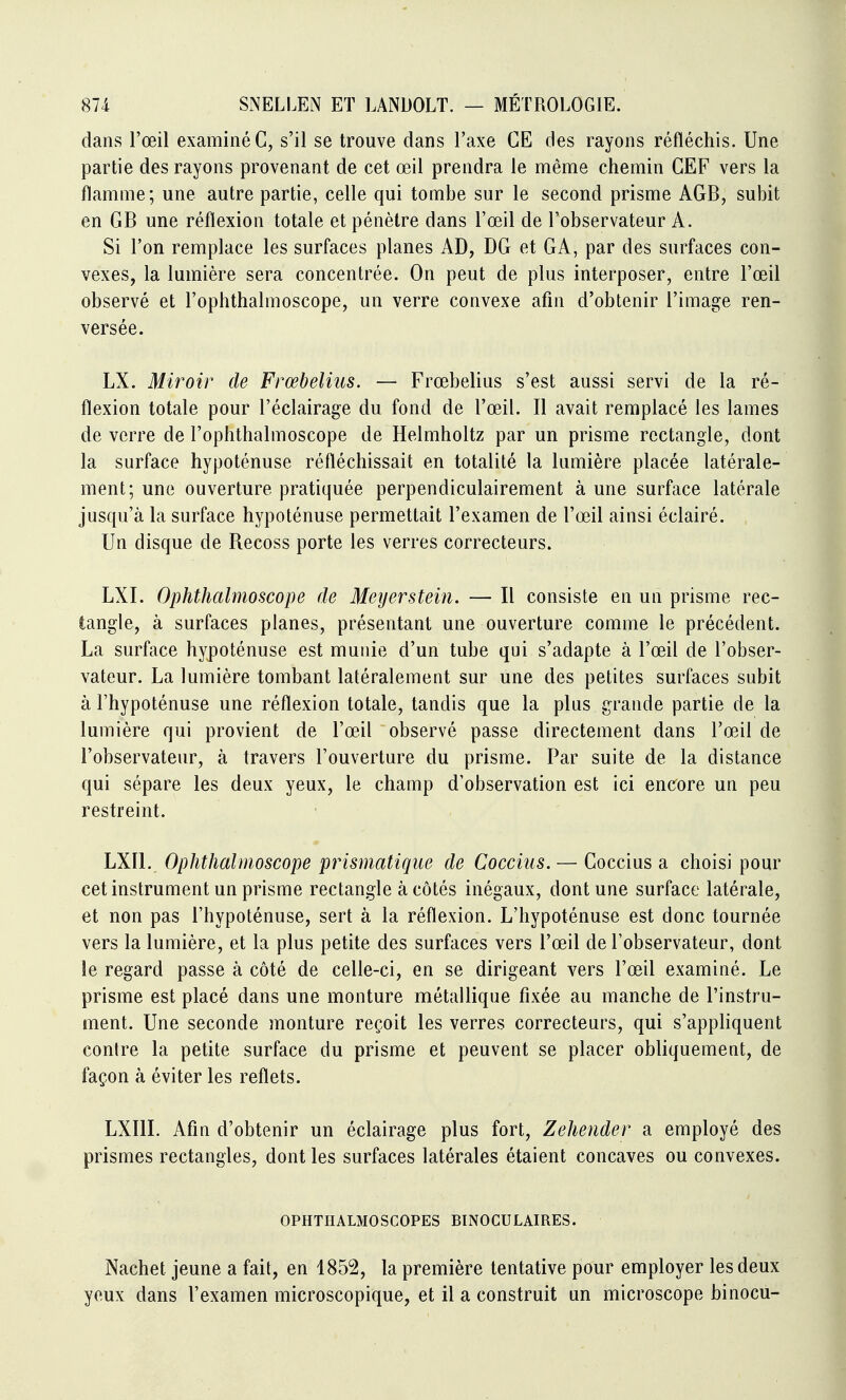 dans l'œil examinée, s'il se trouve dans l'axe CE des rayons réfléchis. Une partie des rayons provenant de cet œil prendra le même chemin CEF vers la flamme; une autre partie, celle qui tombe sur le second prisme AGB, subit en GB une réflexion totale et pénètre dans l'œil de l'observateur A. Si l'on remplace les surfaces planes AD, DG et GA, par des surfaces con- vexes, la lumière sera concentrée. On peut de plus interposer, entre l'œil observé et l'ophthalmoscope, un verre convexe afin d'obtenir l'image ren- versée. LX. Miroir de Frœbelius. — Frœbelius s'est aussi servi de la ré- flexion totale pour l'éclairage du fond de l'œil. Il avait remplacé les lames de verre de l'ophthalmoscope de Helmholtz par un prisme rectangle, dont la surface hypoténuse réfléchissait en totalité la lumière placée latérale- ment; une ouverture pratiquée perpendiculairement à une surface latérale jusqu'à la surface hypoténuse permettait l'examen de l'œil ainsi éclairé. Un disque de Recoss porte les verres correcteurs. LXI. Ophthalmoscope de Meyerstein. — Il consiste en un prisme rec- tangle, à surfaces planes, présentant une ouverture comme le précédent. La surface hypoténuse est munie d'un tube qui s'adapte à l'œil de l'obser- vateur. La lumière tombant latéralement sur une des petites surfaces subit à l'hypoténuse une réflexion totale, tandis que la plus grande partie de la lumière qui provient de l'œil observé passe directement dans l'œil de l'observateur, à travers l'ouverture du prisme. Par suite de la distance qui sépare les deux yeux, le champ d'observation est ici encore un peu restreint. LXIl. Ophthalmoscope prismatique de Coccius. — Coccius a choisi pour cet instrument un prisme rectangle à côtés inégaux, dont une surface latérale, et non pas l'hypoténuse, sert à la réflexion. L'hypoténuse est donc tournée vers la lumière, et la plus petite des surfaces vers l'œil de l'observateur, dont le regard passe à côté de celle-ci, en se dirigeant vers l'œil examiné. Le prisme est placé dans une monture métallique fixée au manche de l'instru- ment. Une seconde monture reçoit les verres correcteurs, qui s'apphquent contre la petite surface du prisme et peuvent se placer obliquement, de façon à éviter les reflets. LXIIL Afin d'obtenir un éclairage plus fort, Zehender a employé des prismes rectangles, dont les surfaces latérales étaient concaves ou convexes. OPHTHALMOSCOPES BINOCULAIRES. Nachet jeune a fait, en 1852, la première tentative pour employer les deux yeux dans l'examen microscopique, et il a construit un microscope binocu-