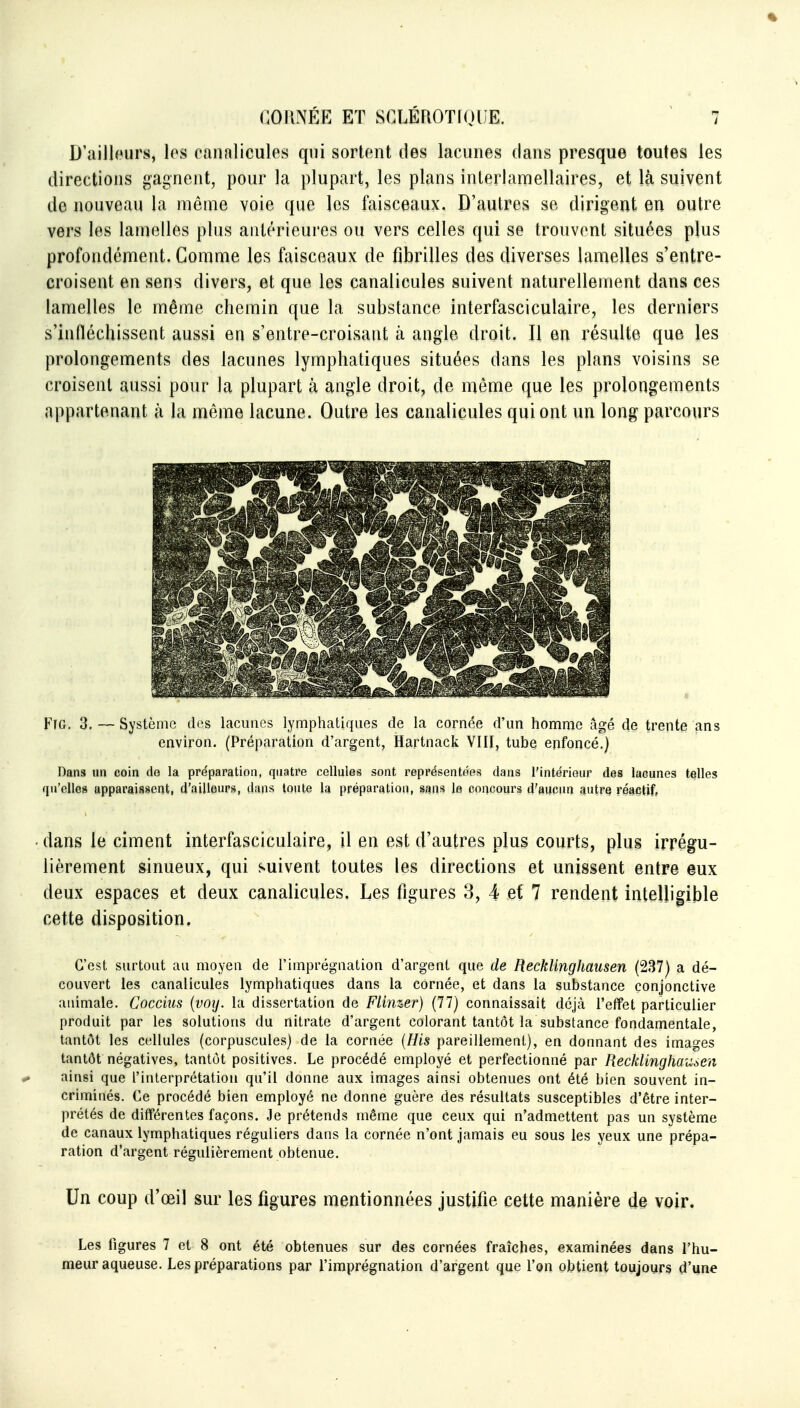 D'aillours, les canalicules qui sortent des lacunes dans presque toutes les directions gagnent, pour la plupart, les plans inlerlamellaires, et là suivent de nouveau la même voie que les faisceaux. D'autres se dirigent en outre vers les lamelles plus antérieures ou vers celles qui se trouvent situées plus profondément. Comme les faisceaux de fibrilles des diverses lamelles s'entre- croisent en sens divers, et que les canalicules suivent naturellement dans? ces lamelles le même chemin que la substance interfasciculaire, les derniers s'infléchissent aussi en s'entre-croisaiit à angle droit. Il en résulte que les prolongements des lacunes lymphatiques situées dans les plans voisins se croisent aussi pour la plupart à angle droit, de même que les prolongements appartenant k la même lacune. Outre les canalicules qui ont un long parcours Ftg. 3. — Système des lacunes lymphatiques de la cornée d'un homme âgé de trente ans environ. (Préparation d'argent, Hartnack VIII, tube enfoncé.) Dans un coin de la préparation, quatre cellules sont représentôes dans l'inte'rieur des lacunes telles qu'elles apparaissent, d'ailleurs, dans toute la préparation, s^ns la concours d'aifpun autrq réactif, . dans le ciment interfasciculaire, il en est d'autres plus courts, plus irrégu- lièrement sinueux, qui suivent toutes les directions et unissent entre eux deux espaces et deux canalicules. Les figures 3, 4 ef 7 rendent intelligible cette disposition. C'est surtout au moyen de l'imprégnation d'argent que de Recklinghausen (237) a dé- couvert les canalicules lymphatiques dans la cornée, et dans la substance conjonctive animale. Cocciiis {voij. la dissertation de Flinzer) (77) connaissait déjà l'effet particulier produit par les solutions du nitrate d'argent colorant tantôt la substance fondamentale, tantôt les cellules (corpuscules) de la cornée {His pareillement), en donnant des images tantôt négatives, tantôt positives. Le procédé employé et perfectionné par Recklinghauôen ainsi que l'interprétation qu'il donne aux images ainsi obtenues ont été bien souvent in- criminés. Ce procédé bien employé ne donne guère des résultats susceptibles d'être inter- prétés de différentes façons. Je prétends même que ceux qui n'admettent pas un système de canaux lymphatiques réguliers dans la cornée n'ont jamais eu sous les yeux une prépa- ration d'argent régulièrement obtenue. Un coup d'œil sur les figures mentionnées justifie cette manière de voir. Les figures 7 et 8 ont été obtenues sur des cornées fraîches, examinées dans l'hu- meur aqueuse. Les préparations par l'imprégnation d'argent que l'on obtient toujours d'une