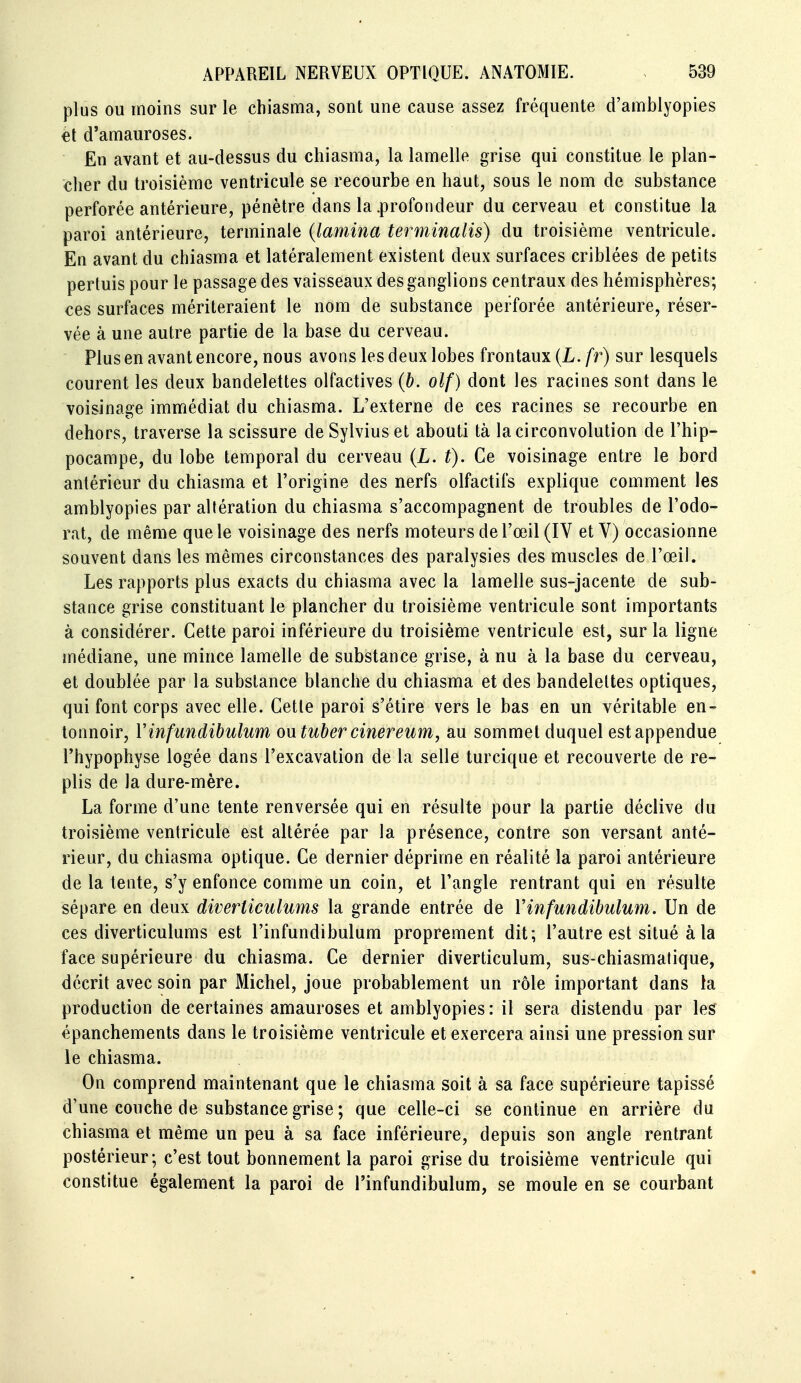 plus ou moins sur le chiasma, sont une cause assez fréquente d'amblyopies et d'amauroses. En avant et au-dessus du chiasma, la lamelle grise qui constitue le plan- cher du troisième ventricule se recourbe en haut, sous le nom de substance perforée antérieure, pénètre dans la .profondeur du cerveau et constitue la paroi antérieure, terminale {lamina terminalis) du troisième ventricule. En avant du chiasma et latéralement existent deux surfaces criblées de petits pertuis pour le passage des vaisseaux des ganglions centraux des hémisphères; ces surfaces mériteraient le nom de substance perforée antérieure, réser- vée à une autre partie de la base du cerveau. Plus en avant encore, nous avons les deux lobes frontaux (L. fr) sur lesquels courent les deux bandelettes olfactives (b. olf) dont les racines sont dans le voisinage immédiat du chiasma. L'externe de ces racines se recourbe en dehors, traverse la scissure de Sylvius et abouti tà la circonvolution de l'hip- pocampe, du lobe temporal du cerveau (L. t). Ce voisinage entre le bord antérieur du chiasma et l'origine des nerfs olfactifs explique comment les amblyopies par altération du chiasma s'accompagnent de troubles de l'odo- rat, de même que le voisinage des nerfs moteurs de l'œil (IV et V) occasionne souvent dans les mêmes circonstances des paralysies des muscles de l'œil. Les rapports plus exacts du chiasma avec la lamelle sus-jacente de sub- stance grise constituant le plancher du troisième ventricule sont importants à considérer. Cette paroi inférieure du troisième ventricule est, sur la ligne médiane, une mince lamelle de substance grise, à nu à la base du cerveau, et doublée par la substance blanche du chiasma et des bandelettes optiques, qui font corps avec elle. Cette paroi s'étire vers le bas en un véritable en- tonnoir, Yinfundibulum on tubercinereum, au sommet duquel estappendue rhypophyse logée dans l'excavation de la selle turcique et recouverte de re- plis de la dure-mère. La forme d'une tente renversée qui en résulte pour la partie déclive du troisième ventricule est altérée par la présence, contre son versant anté- rieur, du chiasma optique. Ce dernier déprime en réalité la paroi antérieure de la tente, s'y enfonce comme un coin, et l'angle rentrant qui en résulte sépare en deux diverticulums la grande entrée de Vinfundibulum. Un de ces diverticulums est l'infundibulum proprement dit; l'autre est situé à la face supérieure du chiasma. Ce dernier diverticulum, sus-chiasmalique, décrit avec soin par Michel, joue probablement un rôle important dans la production de certaines amauroses et amblyopies: il sera distendu par les épanchements dans le troisième ventricule et exercera ainsi une pression sur le chiasma. On comprend maintenant que le chiasma soit à sa face supérieure tapissé d'une couche de substance grise ; que celle-ci se continue en arrière du chiasma et même un peu à sa face inférieure, depuis son angle rentrant postérieur; c'est tout bonnement la paroi grise du troisième ventricule qui constitue également la paroi de l'infundibulum, se moule en se courbant