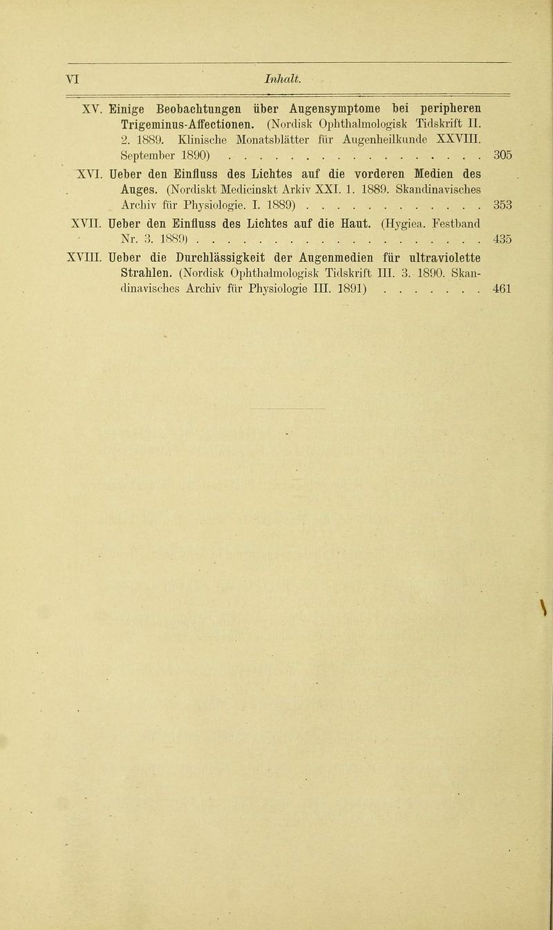XV. Einige Beobachtungen über Augensymptome bei peripheren Trigeminus-Aifectionen. (Nordisk Ophthalmologisk Tidskrift II. 2. 1889. Klinische Monatsblätter für Augenheilkunde XXVIII. September 1890) 305 XVI. Ueber den Einfluss des Lichtes auf die vorderen Medien des Auges. (Nordiskt Medicinskt Arkiv XXI. 1. 1889. Skandinavisches Archiv für Physiologie. I. 1889) 353 XVII. Ueber den Einfluss des Lichtes auf die Haut. (Hygiea. Festband Nr. 3. 1889) 435 XVIII. Ueber die Durchlässigkeit der Augenmedien für ultraviolette Strahlen. (Nordisk Oplithalmologisk Tidskrift III. 3. 1890. Skan- dinavisches Archiv für Physiologie III. 1891) 461