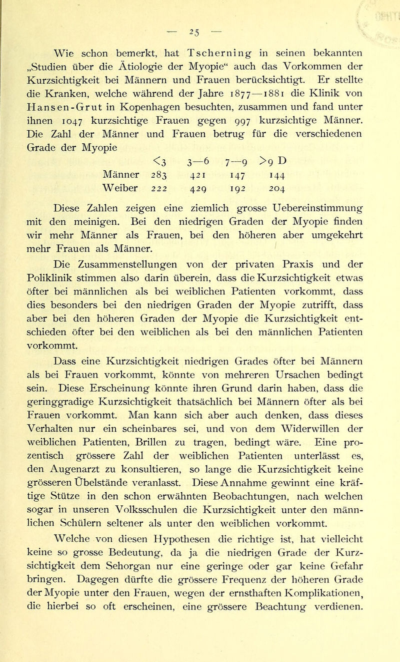 Wie schon bemerkt, hat Tscherning in seinen bekannten „Studien über die Ätiologie der Myopie auch das Vorkommen der Kurzsichtigkeit bei Männern und Frauen berücksichtigt. Er stellte die Kranken, welche während der Jahre 1877 —1881 die Klinik von Hansen-Grut in Kopenhagen besuchten, zusammen und fand unter ihnen 1047 kurzsichtige Frauen gegen 997 kurzsichtige Männer. Die Zahl der Männer und Frauen betrug für die verschiedenen Grade der Myopie <3 3—6 7—9 >9 D Männer 283 421 147 144 Weiber 222 429 192 204 Diese Zahlen zeigen eine ziemlich grosse Uebereinstimmung mit den meinigen. Bei den niedrigen Graden der Myopie finden wir mehr Männer als Frauen, bei den höheren aber umgekehrt mehr Frauen als Männer. ' Die Zusammenstellungen von der privaten Praxis und der Poliklinik stimmen also darin überein, dass die Kurzsichtigkeit etwas öfter bei männlichen als bei weiblichen Patienten vorkommt, dass dies besonders bei den niedrigen Graden der Myopie zutrifft, dass aber bei den höheren Graden der Myopie die Kvirzsichtigkeit ent- schieden öfter bei den weiblichen als bei den männlichen Patienten vorkommt. Dass eine Kurzsichtigkeit niedrigen Grades öfter bei Männern als bei Frauen vorkommt, könnte von mehreren Ursachen bedingt sein. Diese Erscheinung könnte ihren Grund darin haben, dass die geringgradige Kurzsichtigkeit thatsächlich bei Männern öfter als bei Frauen vorkommt. Man kann sich aber auch denken, dass dieses Verhalten nur ein scheinbares sei, und von dem Widerwillen der weiblichen Patienten, Brillen zu tragen, bedingt wäre. Eine pro- zentisch grössere Zahl der weiblichen Patienten unterlässt es, den Augenarzt zu konsultieren, so lange die Kurzsichtigkeit keine grösseren Übelstände veranlasst. Diese Annahme gewinnt eine kräf- tige Stütze in den schon erwähnten Beobachtungen, nach welchen sogar in unseren Volksschulen die Kurzsichtigkeit unter den männ- lichen Schülern seltener als unter den weiblichen vorkommt. Welche von diesen Hypothesen die richtige ist, hat vielleicht keine so grosse Bedeutung, da ja die niedrigen Grade der Kurz- sichtigkeit dem Sehorgan nur eine geringe oder gar keine Gefahr bringen. Dagegen dürfte die grössere Frequenz der höheren Grade der Myopie unter den Frauen, wegen der ernsthaften Komplikationen, die hierbei so oft erscheinen, eine grössere Beachtung verdienen.