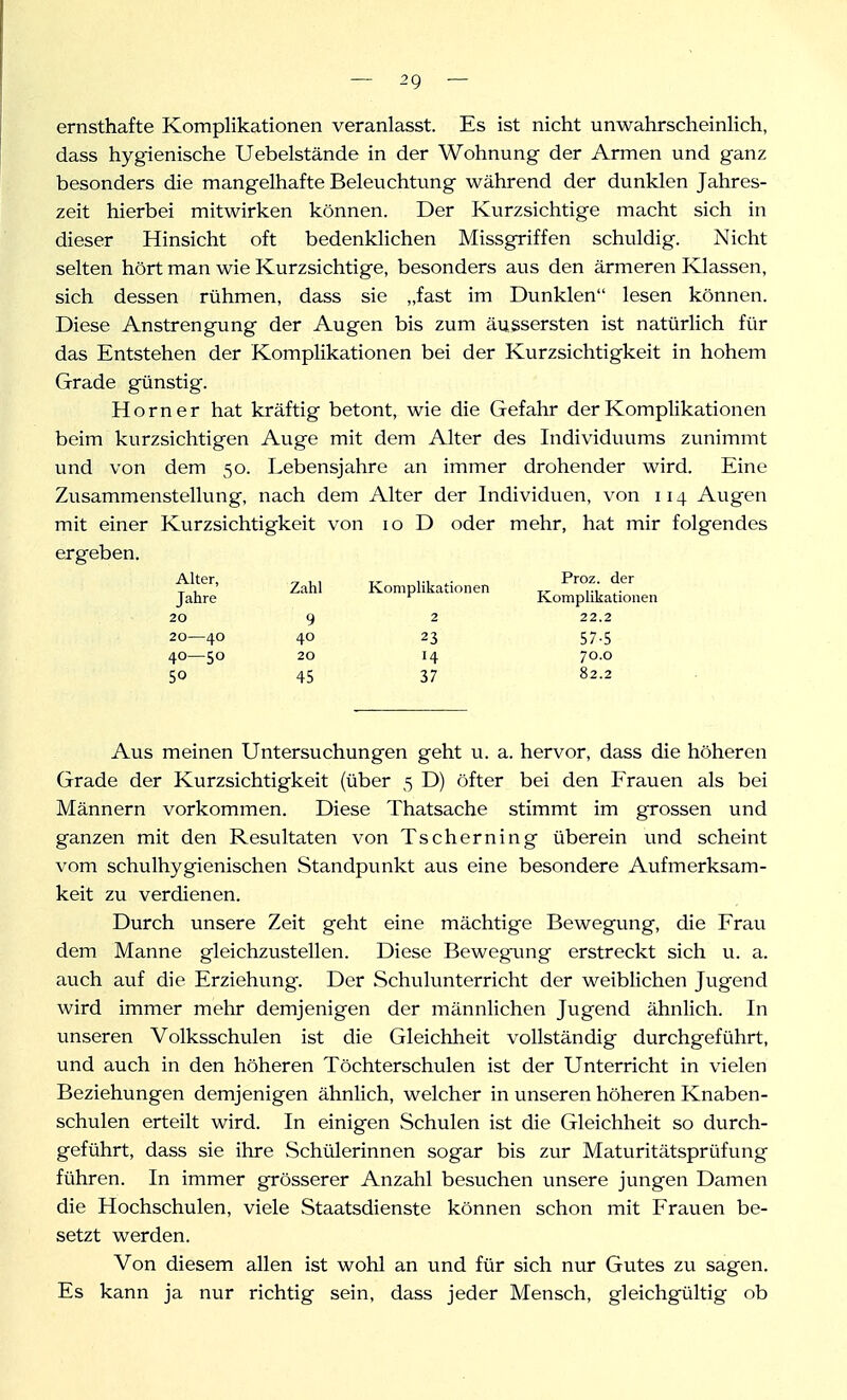 ernsthafte Komplikationen veranlasst. Es ist nicht unwahrscheinlich, dass hygienische Uebelstände in der Wohnung der Armen und ganz besonders die mangelhafte Beleuchtung während der dunklen Jahres- zeit hierbei mitwirken können. Der Kvirzsichtige macht sich in dieser Hinsicht oft bedenklichen Missgriffen schuldig. Nicht selten hört man wie Kurzsichtige, besonders aus den ärmeren Klassen, sich dessen rühmen, dass sie „fast im Dunklen lesen können. Diese Anstrengung der Augen bis zum äussersten ist natürlich für das Entstehen der Komplikationen bei der Kurzsichtigkeit in hohem Grade günstig. Horner hat kräftig betont, wie die Gefahr der Komplikationen beim kurzsichtigen Auge mit dem Alter des Individuums zunimmt und von dem 50. Lebensjahre an immer drohender wird. Eine Zusammenstellung, nach dem Alter der Individuen, von 114 Avigen mit einer Kurzsichtigkeit von 10 D oder mehr, hat mir folgendes ergeben. Alter, Jahre Zahl Komplikationen Proz. der Komplikationen 20 9 2 22.2 20—40 40 23 57-5 40—50 20 14 70.0 50 45 37 82.2 Aus meinen Untersuchungen geht u. a. hervor, dass die höheren Grade der Kurzsichtigkeit (über 5 D) öfter bei den Frauen als bei Männern vorkommen. Diese Thatsache stimmt im grossen und ganzen mit den Resultaten von Tscherning überein vmd scheint vom schulhygienischen Standpunkt aus eine besondere Aufmerksam- keit zu verdienen. Durch unsere Zeit geht eine mächtige Bewegung, die Frau dem Manne gleichzustellen. Diese Bewegung erstreckt sich u. a. auch auf die Erziehung. Der Schulunterricht der weiblichen Jugend wird immer mehr demjenigen der männlichen Jugend ähnlich. In unseren Volksschulen ist die Gleichheit vollständig durchgeführt, und auch in den höheren Töchterschulen ist der Unterricht in vielen Beziehungen demjenigen ähnlich, welcher in unseren höheren Knaben- schulen erteilt wird. In einigen Schulen ist die Gleichheit so durch- geführt, dass sie ihre Schülerinnen sogar bis zur Maturitätsprüfung führen. In immer grösserer Anzahl besuchen unsere jungen Damen die Hochschulen, viele Staatsdienste können schon mit Frauen be- setzt werden. Von diesem allen ist wohl an und für sich nur Gutes zu sagen. Es kann ja nur richtig sein, dass jeder Mensch, gleichgültig ob