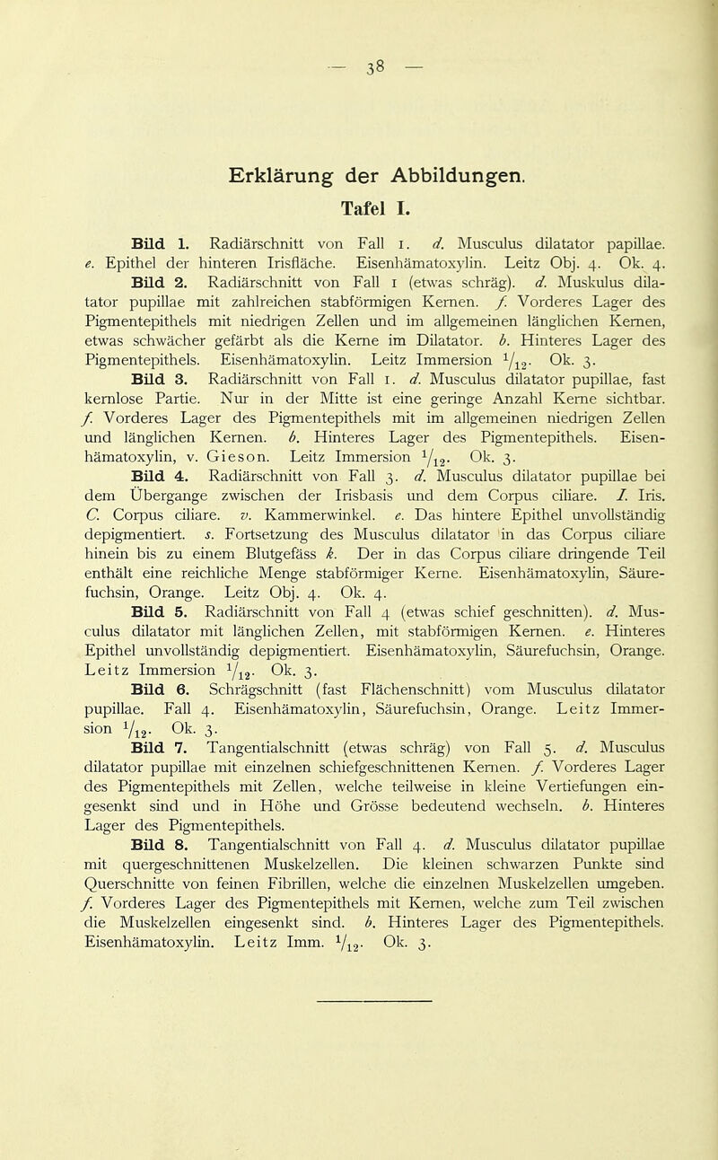 Erklärung der Abbildungen. Tafel I. Bild 1. Radiärschnitt von Fall i. d. Musculiis dilatator papillae. e. Epithel der hinteren Irisfläche. Eisenhämatoxylin. Leitz Obj. 4. Ok. 4. Bild 2. Radiärschnitt von Fall i (etwas schräg), d. Muskulus dila- tator pupillae mit zahlreichen stabförmigen Kernen. / Vorderes Lager des Pigmentepithels mit niedrigen Zellen und im allgemeinen länglichen Kernen, etwas schwächer gefärbt als die Kerne im Dilatator. b. Hinteres Lager des Pigmentepithels. Eisenhämatoxylin. Leitz Immersion Yj^j- O^- 3- Bild 3. Radiärschnitt von Fall i. d. Musculus dilatator pupillae, fast kernlose Partie. Nur in der Mitte ist eine geringe Anzahl Kerne sichtbar. / Vorderes Lager des Pigmentepithels mit im allgemeinen niedrigen Zellen und länglichen Kernen, b. Hinteres Lager des Pigmentepithels. Eisen- hämatoxylin, V. Gieson. Leitz Immersion Y^j- 3- Bild 4. Radiärschnitt von. Fall 3. d. Musculus dilatator pupillae bei dem Übergange zwischen der Irisbasis imd dem Corpus ciliare. /. Iris. C. Corpus ciliare, v. Kammerwinkel, e. Das hintere Epithel unvollständig depigmentiert, s. Fortsetzung des Musculus dilatator in das Corpus ciliare hinein bis zu einem Blutgefäss k. Der in das Corpus ciliare dringende Teil enthält eine reichliche Menge stabförmiger Kerne. Eisenhämatoxylin, Säure- fuchsin, Orange. Leitz Obj. 4. Ok. 4. Bild 5. Radiärschnitt von Fall 4 (etwas schief geschnitten), d. Mus- culus dilatator mit länglichen Zellen, mit stabförmigen Kernen, e. Hinteres Epithel unvollständig depigmentiert. Eisenhämatoxylin, Säurefuchsin, Orange. Leitz Immersion Yi2- 3- Bild 6. Schrägschnitt (fast Flächenschnitt) vom Musculus dilatator pupillae. Fall 4. Eisenhämatoxylin, Säurefuchsin, Orange. Leitz Immer- sion Yi2- Oli- 3- Bild 7. Tangentialschnitt (etwas schräg) von Fall 5. d. Musculus dilatator pupillae mit einzelnen schiefgeschnittenen Kernen. / Vorderes Lager des Pigmentepithels mit Zellen, welche teilweise in kleine Vertiefungen ein- gesenkt sind und in Höhe und Grösse bedeutend wechseln, b. Hinteres Lager des Pigmentepithels. Bild 8. Tangentialschnitt von Fall 4. d. Musculus dilatator pupillae mit quergeschnittenen Muskelzellen. Die kleinen schwarzen Punkte sind Querschnitte von feinen Fibrillen, welche die einzelnen Muskelzellen umgeben. f. Vorderes Lager des Pigmentepithels mit Kernen, welche zum Teil zwischen die Muskelzellen eingesenkt sind. b. Hinteres Lager des Pigmentepithels. Eisenhämatoxylin. Leitz Imm. Yi2- 01^^- 3-