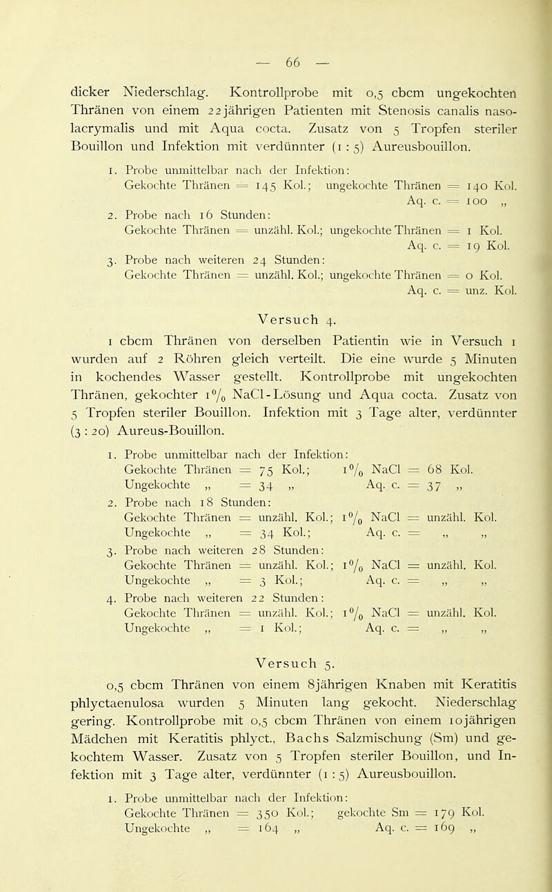 dicker Niederschlag. Kontrollprobe mit 0,5 cbcm ungekochten Thränen von einem 22 jährigen Patienten mit Stenosis canalis naso- lacrymalis und mit Aqua cocta. Zusatz von 5 Tropfen steriler Bouillon und Infektion mit verdünnter (1:5) Aureusbouillon. 1. Probe unmittelbar nach der Infektion: Gekochte Thränen =145 Kol.; ungekochte Thränen = 140 Kol. Aq. c. = 100 „ 2. Probe nach 16 Stunden: Gekochte Thränen = unzähl. Kol.; ungekochte Thränen = i Kol. Aq. c. = 19 Kol. 3. Probe nach weiteren 24 Stunden: Gekochte Thränen = unzähl. Kol.; ungekochte Thränen = o Kol. Aq. c. = unz. Kol. Versuch 4. I cbcm Thränen von derselben Patientin wie in Versuch i wurden auf 2 Röhren gleich verteilt. Die eine wurde 5 Minuten in kochendes Wasser gestellt. Kontrollprobe mit ungekochten Thränen, gekochter i^/q NaCl-Lösung und Aqua cocta. Zusatz von 5 Tropfen steriler Bouillon. Infektion mit 3 Tage alter, A crdünnter (3 : 20) Aureus-Bouillon. 1. Probe unmittelbar nach der Infektion: Gekochte Thränen = 75 Kol.; i^/o NaCl 68 Kol. Ungekochte „ = 34 „ Aq. c. = 37 „ 2. Probe nach 18 Stunden: Gekochte Thränen — unzähl. Kol.; i°/o NaCl = unzähl. Kol. Ungekochte „ = 34 Kol.; Aq. c. = „ „ 3. Probe nach weiteren 28 Stunden: Gekochte Thränen = unzähl. Kol.; i'^/q NaCl = unzähl. Kol. Ungekochte „ =3 Kol.; Aq. c. = „ „ 4. Probe nach weiteren 22 Stunden: Gekochte Thränen = unzähl. Kol.; i'^/q NaCl = unzähl. Kol. Ungekochte „ = i Kol.; Aq. c. = „ „ Versuch 5. 0. 5 cbcm Thränen von einem 8jährigen Knaben mit Keratitis phlyctaenulosa wurden 5 Minuten lang gekocht. Niederschlag gering. Kontrollprobe mit 0,5 cbcm Thränen von einem 10jährigen Mädchen mit Keratitis phlyct., Bachs Salzmischung (Sm) und ge- kochtem Wasser. Zusatz von 5 Tropfen steriler Bouillon, und In- fektion mit 3 Tage alter, verdünnter (1:5) Aureusbouillon. 1. Probe unmittelbar nach der Infektion: Gekochte Thränen = 350 Kol.; gekochte Sm = 17g Kol. Ungekochte „ =164 „ Aq. c. = 169 „
