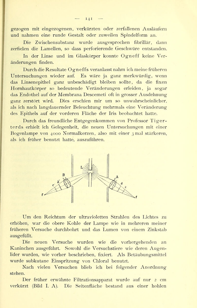 gezogen mit eingezogenen, verkürzten oder zerfallenen Ausläufern und nahmen eine runde Gestalt oder zuweilen Spindelform an. Die Zwischensubstanz wurde ausgesprochen fibrillär, dann zerfielen die Lamellen, so dass perforierende Geschwüre entstanden. In der Linse und im Glaskörper konnte Ogneff keine Ver- änderungen finden. Durch die Resultate Ogneffs veranlasst nahm ich meine früheren Untersuchungen wieder auf. Es wäre ja ganz merkwürdig, wenn das Linsenepithel ganz unbeschädigt bleiben sollte, da die fixen Hornhautkörper so bedeutende Veränderungen erleiden, ja sogar das Endothel auf der Membrana Descemet! oft in grosser Ausdehnung ganz zerstört wird. Dies erschien mir um so unwahrscheinlicher, als ich nach langdauernder Beleuchtung mehrmals eine Veränderung des Epithels auf der vorderen Fläche der Iris beobachtet hatte. Durch das freundliche Entgegenkommen von Professor Tiger- terds erhielt ich Gelegenheit, die neuen Untersuchungen mit einer Bogenlampe von 4000 Normalkerzen, also mit einer 3 mal stärkeren, als ich früher benutzt hatte, auszuführen. Um den Reichtum der ultravioletten .Strahlen des Lichtes zu erhöhen, war die obere Kohle der Lampe wie in mehreren meiner früheren Versuche durchbohrt und das Lumen von einem Zinkstab ausgefüllt. Die neuen Versuche wurden wie die vorhergehenden an Kaninchen ausgeführt. Sowohl die Versuchstiere wie deren Augen- lider wurden, wie vorher beschrieben, fixiert. Als Betäubungsmittel wurde subkutane Einspritzung von Chloral benutzt. Nach vielen Versuchen blieb ich bei folgender Anordnung stehen. Der früher erwähnte Filtrationsapparat wurde auf nur 2 cm verkürzt (Bild I. A). Die Seitenfläche bestand aus einer hohlen