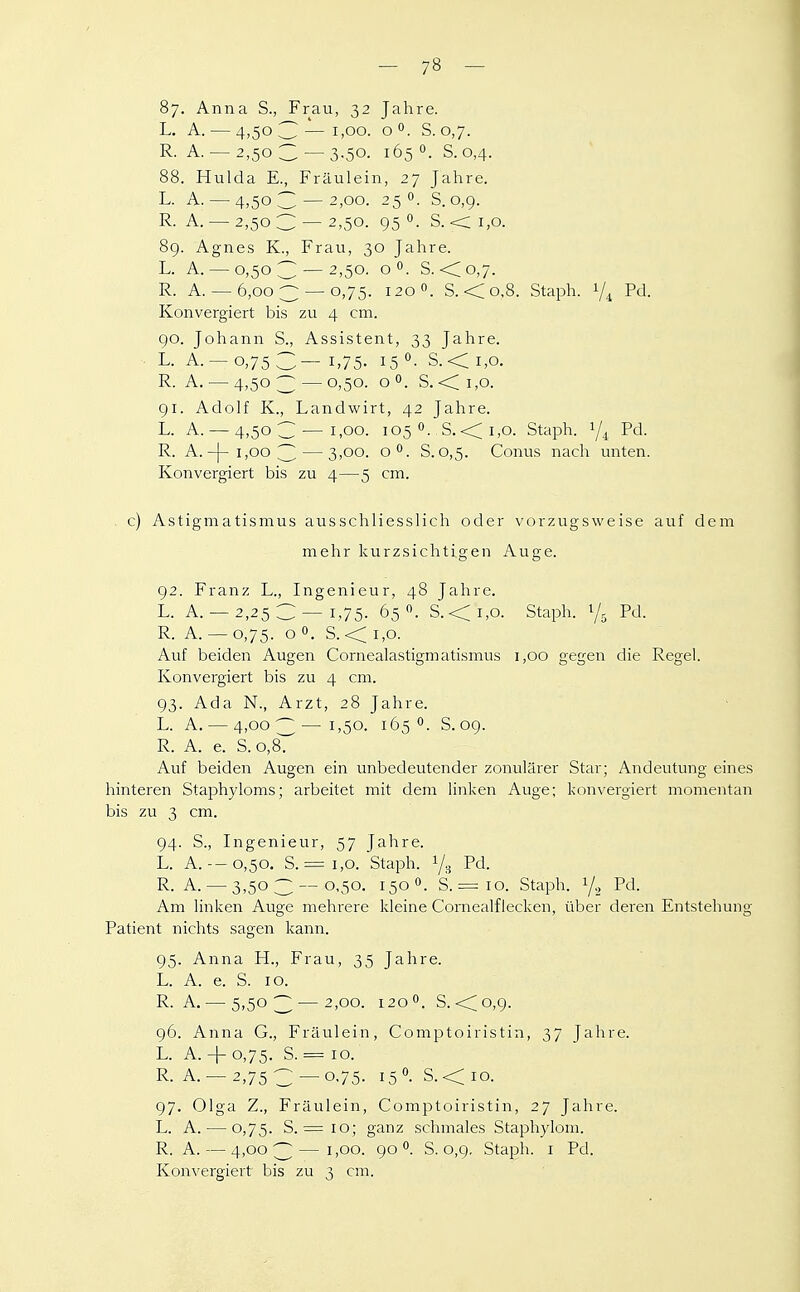 Sy. Anna S., Frau, 32 Jahre. L, A. — 4,5oC^ — 1,00. qO. S. 0,7. R. A. — 2,503 — 3-50- 165 0. S. 0,4. 88. Hulda E., Fräulein, 27 Jahre. L. A. — 4,503 — 2,00. 25 0. S. o,g. R. A. — 2,50 3 — 2,50. 95 0. S. <: 1,0. 89. Agnes K., Frau, 30 Jahre. L. A. — 0,503 — 2,50. o. S. <;o,7. R. A. — 6,00 3 — 0,75. 120. S. <o,8. Staph. 1/4 Pd. Konvergiert bis zu 4 cm. go. Johann S., Assistent, 33 Jahre. L. A. —0,753— 1,75. 15 °- S.<i,o. R. A. — 4,50 3 — 0,50. o 0. S. ■< 1,0. 91. Adolf K., Landwirt, 42 Jahre. L. A. —4,50 3 — 1,00. 105O. S.<i,o. Staph. 1/^ Pd. R. A.-[-1,003 — 3,00. oO. S. 0,5. Conus nach unten. Konvergiert bis zu 4—5 cm. c) Astigmatismus ausschliesslich oder vorzugsweise auf dem mehr kurzsichtigen Auge. 92. Franz L., Ingenieur, 48 Jahre. L. A. — 2,25 3 — 1,75. 65. S.<i,o. Staph. y. Pd. R. A. — 0,75. o 0. S.< 1,0. Auf beiden Augen Cornealastigmatismus 1,00 gegen die Regel. Konvergiert bis zu 4 cm. 93. Ada N., Arzt, 28 Jahre. L. A. — 4,003—i)5o. 165°. S. og. R. A. e. S.0,8. Auf beiden Augen ein unbedeutender zonulärer Star; Andeutung eines hinteren Staphyloms; arbeitet mit dem linken Auge; konvergiert momentan bis zu 3 cm. 94. S., Ingenieur, 57 Jahre. L. A.--0,50. S. = 1,0. Staph. 1/3 Pd. R. A. — 3,503 — 0,50. 150 0. S. = 10. Staph. 1/2 Pd. Am linken Auge mehrere kleine Cornealflecken, über deren Entstehung Patient nichts sagen kann. 95. Anna H., Frau, 35 Jahre. L. A. e. S. 10. R. A. — 5,503 — 2,00. 120O. S. <<;o,g. g6. Anna G., Fräulein, Comptoiristin, 37 Jahre. L. A. -|- 0,75. S. = 10. R.A. —2,753 —0.75. i50.S.<io. g7. Olga Z., Fräulein, Comptoiristin, 27 Jahre. L. A. — 0,75. S. = 10; ganz schmales Staphylom. R. A. — 4,003—1,00. go 0. S. o,g, Staph. i Pd. Konvergiert bis zu 3 cm.