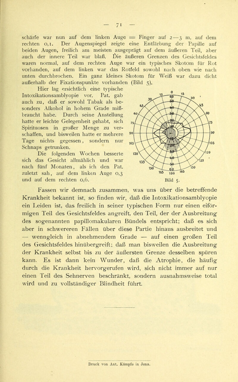 schärfe war nun auf dem linken Auge = Finger auf 2—3 m, auf dem rechten 0,1. Der Augenspiegel zeigte eine Entfärbung der Papille auf beiden Augen, freilich am meisten ausgeprägt auf dem äußeren Teil, aber auch der innere Teil war blaß. Öie äußeren Grenzen des Gesichtsfeldes waren normal, auf dem rechten Auge war ein typisches Skotom für Rot vorhanden, auf dem linken war das Rotfeld sowohl nach oben wie nach unten durchbrochen. Ein ganz kleines Skotom für Weiß war dazu dicht außerhalb der Fixationspunkte vorhanden (Bild 5). Hier lag ersichtlich eine typische Intoxikationsamblyopie vor. Pat. gab auch zu, daß er sowohl Tabak als be- sonders Alkohol in hohem Grade miß- braucht habe. Durch seine Anstellung hatte er leichte Gelegenheit gehabt, sich Spirituosen in großer Menge zu ver- schaffen, und bisweilen hatte er mehrere Tage nichts gegessen, sondern nur Schnaps getrunken. Die folgenden Wochen besserte sich das Gesicht allmählich und war nach fünf Monaten, als ich den Pat. zuletzt sah, auf dem linken Auge 0,3 und auf dem rechten 0,6. Fassen wir demnach zusammen, was uns über die betreffende Krankheit bekannt ist, so finden wir, daß die Intoxikationsamblyopie ein Leiden ist, das freilich in seiner typischen Form nur einen eiför- migen Teil des Gesichtsfeldes angreift, den Teil, der der Ausbreitung des sogenannten papillomakulären Bündels entspricht; daß es sich aber in schwereren Fällen über diese Partie hinaus ausbreitet und — wenngleich in abnehmendem Grade — auf einen großen Teil des Gesichtsfeldes hinübergreift; daß man bisweilen die Ausbreitung der Krankheit selbst bis zu der äußersten Grenze desselben spüren kann. Es ist dann kein Wunder, daß die Atrophie, die häufig durch die Krankheit hervorgerufen wird, sich nicht immer auf nur einen Teil des Sehnerven beschränkt, sondern ausnahmsweise total wird und zu vollständiger Blindheit führt. Druck von Ant. Kämpfe in Jena.