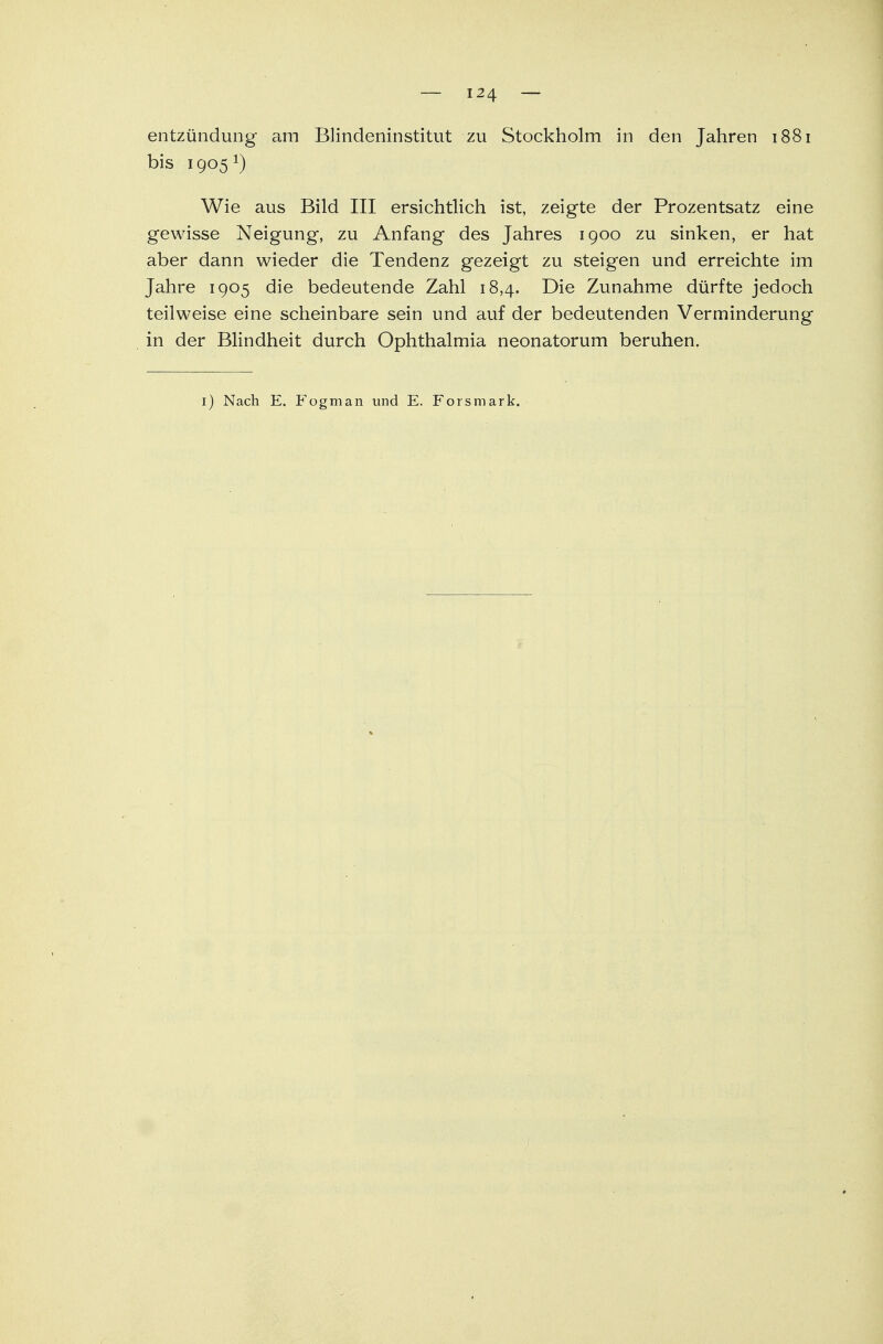 entzündung am Blindeninstitut zu Stockholm in den Jahren 1881 bis 19051) Wie aus Bild III ersichtlich ist, zeigte der Prozentsatz eine gewisse Neigung, zu Anfang des Jahres 1900 zu sinken, er hat aber dann wieder die Tendenz gezeigt zu steigen und erreichte im Jahre 1905 die bedeutende Zahl 18,4. Die Zunahme dürfte jedoch teilweise eine scheinbare sein und auf der bedeutenden Verminderung in der Blindheit durch Ophthalmia neonatorum beruhen. 1) Nach E. Fogman und E. Forsmark.