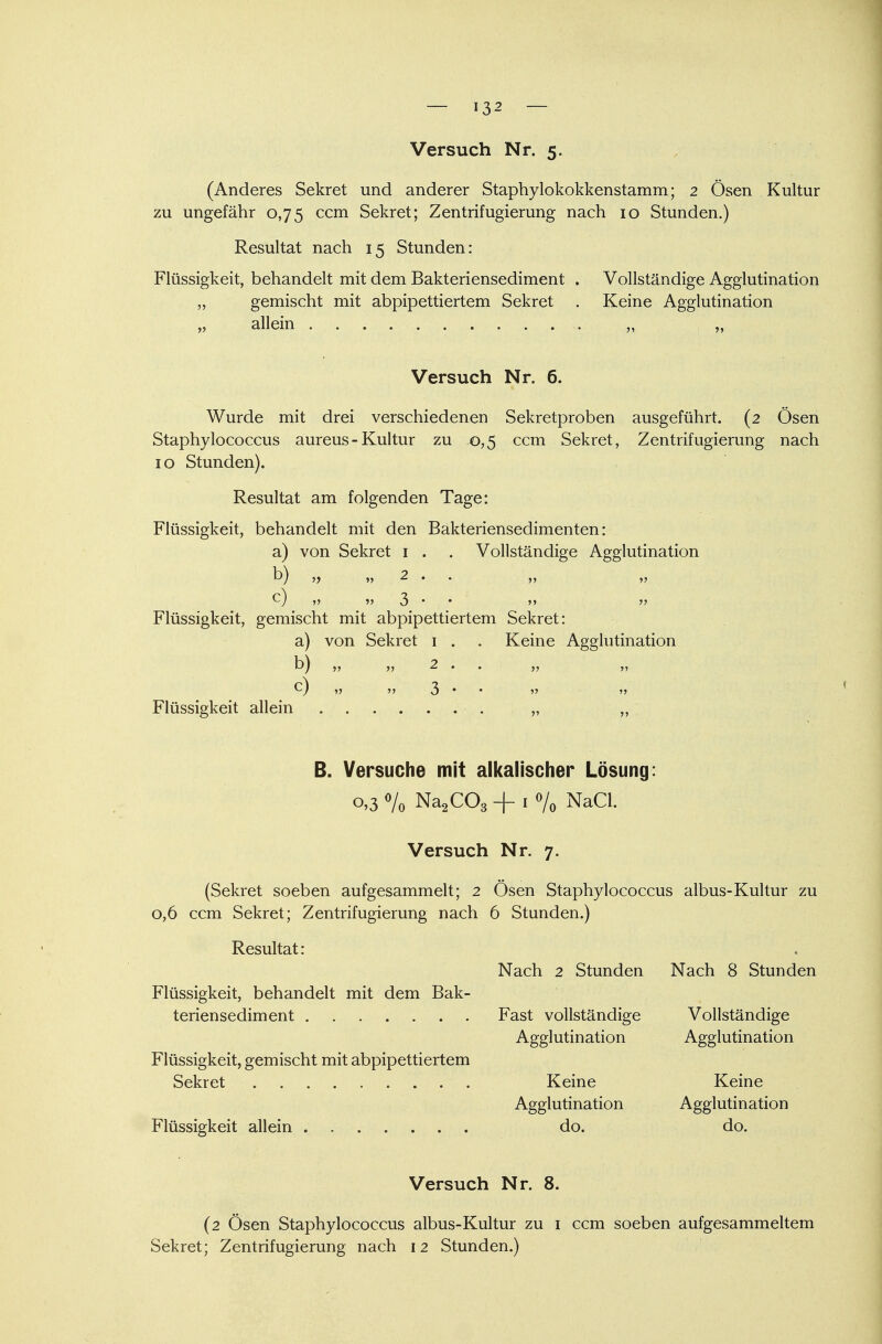 Versuch Nr. 5. (Anderes Sekret und anderer Staphylokokkenstamm; 2 Ösen Kultur zu ungefähr 0,75 ccm Sekret; Zentrifugierung nach 10 Stunden.) Resultat nach 15 Stunden: Flüssigkeit, behandelt mit dem Bakteriensediment . Vollständige Agglutination „ gemischt mit abpipettiertem Sekret . Keine Agglutination allein „ „ Versuch Nr. 6. Wurde mit drei verschiedenen Sekretproben ausgeführt. (2 Ösen Staphylococcus aureus - Kultur zu 0,5 ccm Sekret, Zentrifugierung nach 10 Stunden). Resultat am folgenden Tage: Flüssigkeit, behandelt mit den Bakteriensedimenten: a) von Sekret 1 . . Vollständige Agglutination b) » »> 2 . ,, c) » 3 • • »»  Flüssigkeit, gemischt mit abpipettiertem Sekret: a) von Sekret 1 . . Keine Agglutination h) >) 2 . . ,, ,, Flüssigkeit allein • . „ ,, B. Versuche mit alkalischer Lösung: 0,3 % Na2C03 + 1 % NaCl. Versuch Nr. 7. (Sekret soeben aufgesammelt; 2 Ösen Staphylococcus albus-Kultur zu 0,6 ccm Sekret; Zentrifugierung nach 6 Stunden.) Resultat: Nach 2 Stunden Nach 8 Stunden Flüssigkeit, behandelt mit dem Bak- teriensediment ........ Fast vollständige Vollständige Agglutination Agglutination Flüssigkeit, gemischt mit abpipettiertem Sekret Keine Keine Agglutination Agglutination Flüssigkeit allein do. do. Versuch Nr. 8. (2 Ösen Staphylococcus albus-Kultur zu 1 ccm soeben aufgesammeltem Sekret; Zentrifugierung nach 12 Stunden.)