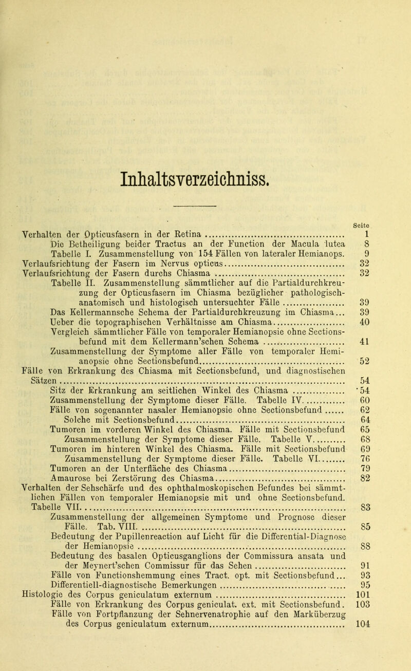 InhaltsveTzeiclmiss. Seite Verhalten der Opticusfasern in der Retina 1 Die Betheiligung beider Tractus an der Function der Macula lutea 8 Tabelle 1. Zusammenstellung von 154 Fällen von lateraler Hemianops. 9 Verlaufsrichtung der Fasern im Nervus opticus 32 Verlaufsrichtung der Fasern durchs Chiasma 32 Tabelle IL Zusammenstellung sämmtlicher auf die Partialdurchkreu- zuDg der Opticusfasern im Chiasma bezüglicher pathologisch- anatomisch und histologisch untersuchter Fälle 39 Das Kellermannsche Schema der Partialdurchkreuzung im Chiasma... 39 Ueber die topographischen Verhältnisse am Chiasma 40 Vergleich sämmtlicher Fälle von temporaler Hemianopsie ohne Sections- befund mit dem Kellermann'schen Schema 41 Zusammenstellung der Symptome aller Fälle von temporaler Hemi- anopsie ohne Sectionsbefund 52 Fälle von Erkrankung des Chiasma mit Sectionsbefund, und diagnostischen Sätzen 54 Sitz der Erkrankung am seitlichen Winkel des Chiasma '54 Zusammenstellung der Symptome dieser Fälle. Tabelle IV 60 Fälle von sogenannter nasaler Hemianopsie ohne Sectionsbefund 62 Solche mit Sectionsbefund 64 Tumoren im vorderen Winkel des Chiasma. Fälle mit Sectionsbefund 65 Zusammenstellung der Symptome dieser Fälle. Tabelle V 68 Tumoren im hinteren Winkel des Chiasma. Fälle mit Sectionsbefund 69 Zusammenstellung der Symptome dieser Fälle. Tabelle VI 76 Tumoren an der Unterfiäche des Chiasma 79 Amaurose bei Zerstörung des Chiasma 82 Verhalten der Sehschärfe und des ophthalmoskopischen Befundes bei sämmt- lichen Fällen von temporaler Hemianopsie mit und ohne Sectionsbefund. Tabelle VII 83 Zusammenstellang der allgemeinen Symptome und Prognose dieser Fälle. Tab. VIII 85 Bedeutung der Pupillenreaction auf Licht für die Differential-Diagnose der Hemianopsie 88 Bedeutung des basalen Opticusganglions der Commissura ansata und der Meynert'schen Commissur für das Sehen 91 Fälle von Functionshemmung eines Tract. opt. mit Sectionsbefund... 93 Differentiell-diagnostische Bemerkungen 95 Histologie des Corpus geniculatum externum 101 Fälle von Erkrankung des Corpus geniculat. ext. mit Sectionsbefund. 103 Fälle von Fortpflanzung der Sehnervenatrophie auf den Marküberzug des Corpus geniculatum externum 104