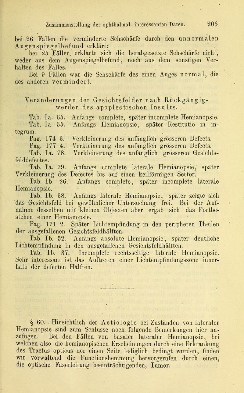 bei 26 Fällen die verminderte Sehschärfe durch den unnormalen Augenspiegelbefund erklärt; bei 25 Fällen, erklärte sich die herabgesetzte Sehschärfe nicht, weder aus dem Augenspiegelbefund, noch aus dem sonstigen Ver- halten des Falles. Bei 9 Fällen war die Sehschärfe des einen Auges normal, die des anderen vermindert. Veränderungen der Gesichtsfelder nach Rückgängig- werden des apoplectischen Insults, Tab. la. 65. Anfangs coraplete, später incomplete Hemianopsie. Tab. la. 35. Anfangs Hemianopsie, später Restitutio in in- tegrum. Pag. 174 3. Verkleinerung des anfänglich grösseren Defects. Pag. 177 4. Verkleinerung des anfänglich grösseren Defects. Tab. la. 78. Verkleinerung des anfänglich grösseren Gesichts- felddefectes. Tab. Ja. 79. Anfangs complete laterale Hemianopsie, später Verkleinerung des Defectes bis auf einen keilförmigen Sector. . Tab. Ib. 26. Anfangs complete, später incomplete laterale Hemianopsie. Tab. Ib. 38. Anfangs laterale Hemianopsie, später zeigte sich das Gesichtsfeld bei gewöhnlicher Untersuchung frei. Bei der Auf- nahme desselben mit kleinen Objecten aber ergab sich das Fortbe- stehen einer Hemianopsie. Pag. 171 2. Später Lichtempfindung in den peripheren Theilen der ausgefallenen Gesichtsfeldhälften. Tab. Ib. 52. Anfangs absolute Hemianopsie, später deutliche Lichtempfindung in den ausgefallenen Gesichtsfeldhälften. Tab. Ib. 37. Incomplete rechtsseitige laterale Hemianopsie. Sehr interessant ist das Auftreten einer Lichtempfindungszone inner- halb der defecten Hälften. § 60. Hinsichtlich der Aetiologie bei Zuständen von lateraler Hemianopsie sind zum Schlüsse noch, folgende Bemerkungen hier an- zufügen. Bei den Fällen von basaler lateraler Hemianopsie, bei welchen also die hemianopischen Erscheinungen durch eine Erkrankung des Tractus opticus der einen Seite lediglich bedingt wurden, finden wir vorwaltend die Functionshemmung hervorgerufen durch einen, die optische Faserleitung beeinträchtigenden, Tumor.