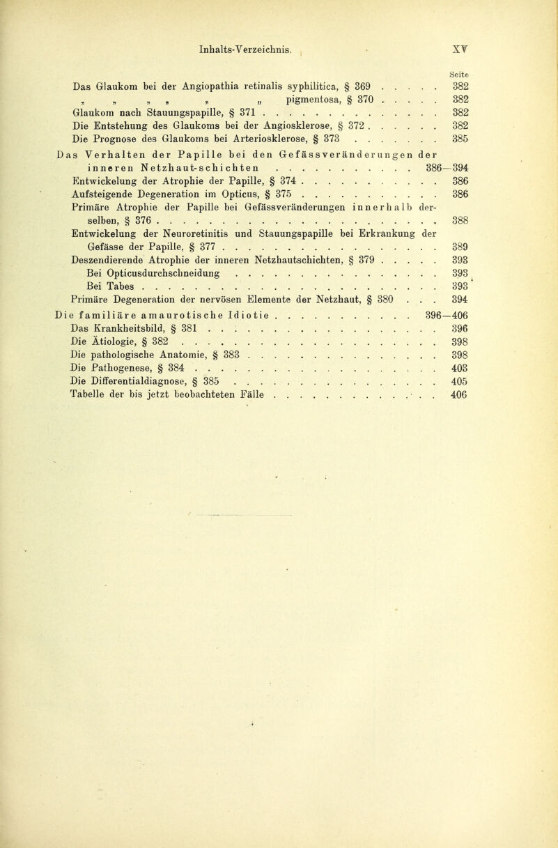 Seite Das Glaukom bei der Angiopathia retinalis syphilitica, § 369 382 „ « . „ pigmentosa, § 370 382 Glaukom nach Stauungspapille, § 371 382 Die Entstehung des Glaukoms bei der Angiosklerose, § 372 382 Die Prognose des Glaukoms bei Arteriosklerose, § 373 385 Das Verhalten der Papille bei den Gef ässveränd er ungen der inneren Netzhaut-schi chten 386- 394 Entwickelung der Atrophie der Papille, § 374 386 Aufsteigende Degeneration im Opticus, § 375 386 Primäre Atrophie der Papille bei Gefässveränderungen innerhalb der- selben, § 376 388 Entwickelung der Neuroretinitis und Stauungspapille bei Erkrankung der Gefässe der Papille, § 377 389 Deszendierende Atrophie der inneren Netzhautschichten, § 379 393 Bei Opticusdurchschneidung 393 Bei Tabes 393 ' Primäre Degeneration der nervösen Elemente der Netzhaut, § 380 . . . 394 Diefamiliäreamaurotischeldiotie 396—406 Das Krankheitsbild, § 381 . . 396 Die Ätiologie, § 382 . 398 Die pathologische Anatomie, § 383 398 Die Pathogenese, § 384 403 Die Differentialdiagnose, § 385 405 Tabelle der bis jetzt beobachteten Fälle ■ . . 406