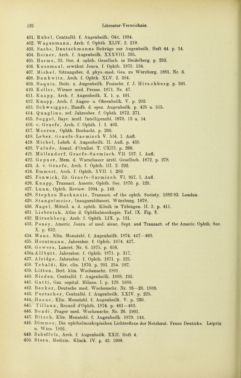 40L Rübel, Centralbl. f. Augenheilk. Okt. 1884. 402. Wagenmann, Arch. f. Ophth. XLIV. 2. 219. 403. Sachs, Deutschmanns Beiträge zur Augenheilk. Heft 44. p, 34. 404. Reiner, Arch. f. Augenheilk. XXXVIIL 295. 405. Harms, 33. Ber. d. ophth. Gesellsch. in Heidelberg, p. 253. 406. Kussmaul, erwähnt Journ. f. Ophth. 1873. 134. 407. Michel, Sitzungsber. d. phys.-med. Ges. zu Würzburg. 1881. Nr. 6. 408. Bankwitz, Arch. f. Ophth. XLV. 2. 384. 409. Baquis, Beitr. z. Augenheilk. Festschr. f. J. Hirschberg. p. 391. 410. Keller, Wiener med. Presse. 1871. Nr. 47. 411. Knapp, Arch. f. Augenheilk. X. 1. p. 101. 412. Knapp, Arch. f. Augen- u. Ohrenheilk. V. p. 203. 413. Schweigger, Handb. d. spez. Augenheilk. p. 425 u. 515. 414. Quaglino, ref. Jahresber. f. Ophth. 1872. 371. ^ 415. Segge], Bayr. ärztl. Intelligenzbl. 1870. 13 u. 14. 416. V. Graefe, Arch. f. Ophth. L 1. 403. 417. Mooren, Ophth. Beobacht. p. 260. 418. Leber, G ra efe-S ae misch V. 534. I. Aufl. 419. Michel, Lehrb. d. Augenheilk. IL Aufl. p. 435. 420. Valude, Annal. d'Oculist. T. CXIII. p. 266. 421. Möllendorf, Graefe-Saemisch. VIL 137. L Aufl. 422. Gepner, Mem. d. Warschauer ärztl. Gesellsch. 1872. p. 278. 423. A. V. Graefe, Arch. f. Ophth. IIL 2. 292. 424. Emmert, Arch. f. Ophth. XVII. 1. 203. 425. Fenwick, Zit. Graefe-Saemisch. VI. 957. L Aufl. 426. Knapp, Transact. Americ. Ophth. Soc. 1870. p. 120. 427. Lunn, Ophth. Review. 1904. p. 149. 428. Stephen Mackenzie, Transact. of the ophth. Society. 1882/83. London. 429. Stangelmeier, Inauguraldissert. Würzburg. 1878. 430. Nagel, Mitteil. a. d. ophth. Klinik in Tübingen. IL 3. p. 411. 431. Liebreich, Atlas d. Ophthalmoskopie. Taf. IX. Fig. 3. 432. Hirschberg, Arch. f. Ophth. LIX. p. 131. 433. Posey, Americ, Journ. of med. sienc. Sept. and Transact. of the Americ. Ophth. Soc. X. p. 632. 434. Manz, Klin. Monatsbl. f. Augenheilk. 1874. 447—460. 435. Horstmann, Jahresber. f. Ophth. 1874. 427. 436. Gowers, Lancet. Nr. 6. 1875. p. 656. 436a.Allbutt, Jahresber. f. Ophth. 1871. p. 317. 437. Alridge, Jahresber. f. Ophth. 1871. p. 321. 438. Tebaldi, Riv. clin. 1870. p. 201. 254. 287. 439. Litten, Berl. klin. Wochenschr. 1881. 440. Nieden, Centralbl. f. Augenheilk. 1888. 193. 441. Gatti, Gaz. ospital. Milano. L p. 129. 1880. 442. Becker, Deutsche med. Wochenschr. Nr. 26—28. 1889. 443. Purtscher, Centralbl. f. Augenheilk. XXIV. p. 225. 444. Haase, Klin. Monatsbl. f. Augenheilk. V. p. 230. 445. Tillaux, Recueil d'Ophth. 1874. p. 461-463. 446. Bondi, Prager med. Wochenschr. Nr. 26. 1901. 447. Bitsch, Klin. Monatsbl. f. Augenheilk. 1879. 144. 448. Di mm er, Die ophthalmoskopischen Lichtreflexe der Netzhaut. Franz Deuticke. Leipzig u. Wien. 1891. 449. Scheffels, Arch. f. Augenheilk. XXH. Heft 4. 450. Stern, Medizin. Klinik. IV. p. 43. 1908.