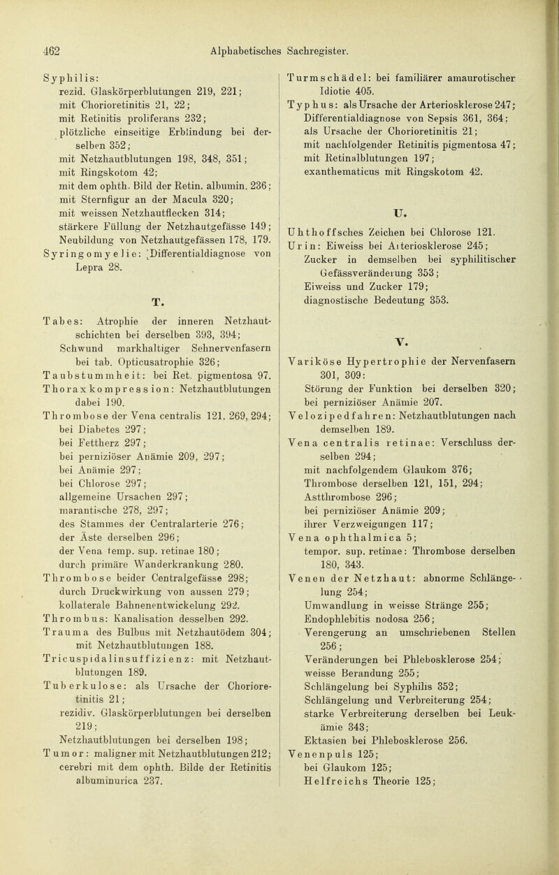 Syphilis: rezid. Glaskörperblutungen 219, 221; mit Chorioretinitis 21, 22; mit Retinitis proliferans 232; plötzliche einseitige Erblindung bei der- selben 352; mit Netzhautblutungen 198, 348, 351; mit Ringskotom 42; mit dem ophth. Bild der Retin. albumin. 236; mit Sternfigur an der Macula 320; mit weissen Netzhautfiecken 314; stärkere Füllung der Netzhautgefässe 149; Neubildung von Netzhautgefässen 178, 179. Syringomyelie: I^Differentialdiagnose von Lepra 28. T. Tabes: Atrophie der inneren Netzhaut- schichten bei derselben 893, 394; Schwund markhaltiger Sehnervenfasern bei tab. Opticusatrophie 326; Taubstummheit: bei Ret. pigmentosa 97. Thoraxkompression: Netzhautblutungen dabei 190. Thrombose der Vena centralis 121. 269, 294; bei Diabetes 297; bei Fettherz 297; bei perniziöser Anämie 209, 297; bei Anämie 297; bei Chlorose 297; allgemeine Ursachen 297; marantische 278, 297; des Stammes der Centraiarterie 276; der Äste derselben 296; der Vena temp. sup. retinae 180; durch primäre Wanderkrankung 280. Thrombose beider Centralgefässe 298; durch Druckwirkung von aussen 279; kollaterale Bahnenentwickelung 292. Thrombus: Kanalisation desselben 292. Trauma des Bulbus mit Netzhautödem 304; mit Netzhautblutuugen 188. Tricuspidalinsuffizienz: mit Netzhaut- blutungen 189. Tuberkulose: als Ursache der Choriore- tinitis 21; rezidiv. Glaskörperblutungen bei derselben 219; Netzhautblutungen bei derselben 198; Tumor: maligner mit Netzhautblutungen 212; cerebri mit dem ophth. Bilde der Retinitis albuminurica 237. Turmschädel: bei familiärer amaurotischer Idiotie 405. Typhus: als Ursache der Arteriosklerose 247; Differentialdiagnose von Sepsis 361, 364: als Ursache der Chorioretinitis 21; mit nachfolgender Retinitis pigmentosa 47; mit Retinalblutungen 197; exanthematicus mit Ringskotom 42. U. Uhthoffsches Zeichen bei Chlorose 121. Urin: Eiweiss bei Atteriosklerose 245; Zucker io demselben bei syphilitischer Gefässveränderung 353; Eiweiss und Zucker 179; diagnostische Bedeutung 353. V. Variköse Hypertrophie der Nervenfasern 301, 309: Störung der Funktion bei derselben 320; bei perniziöser Anämie 207. Velozipedfahren: Netzhautblutungen nach demselben 189. Vena centralis retinae: Verschluss der- selben 294; mit nachfolgendem Glaukom 376; Thrombose derselben 121, 151, 294; Asttlirombose 296; bei perniziöser Anämie 209; ihrer Verzweigungen 117; Vena ophthalmica 5; tempor. sup. retinae: Thrombose derselben 180, 343. Venen der Netzhaut: abnorme Schlänge-- lung 254; Umwandlung in weisse Stränge 255; Endophlebitis nodosa 256; Verengerung an umschriebenen Stellen 256; Veränderungen bei Phlebosklerose 254; weisse Berandung 255; Schlängelung bei Syphilis 352; Schlängelung und Verbreiterung 254; starke Verbreiterung derselben bei Leuk- ämie 343; Ektasien bei Phlebosklerose 256. Venenpuls 125; bei Glaukom 125; Helfreichs Theorie 125;
