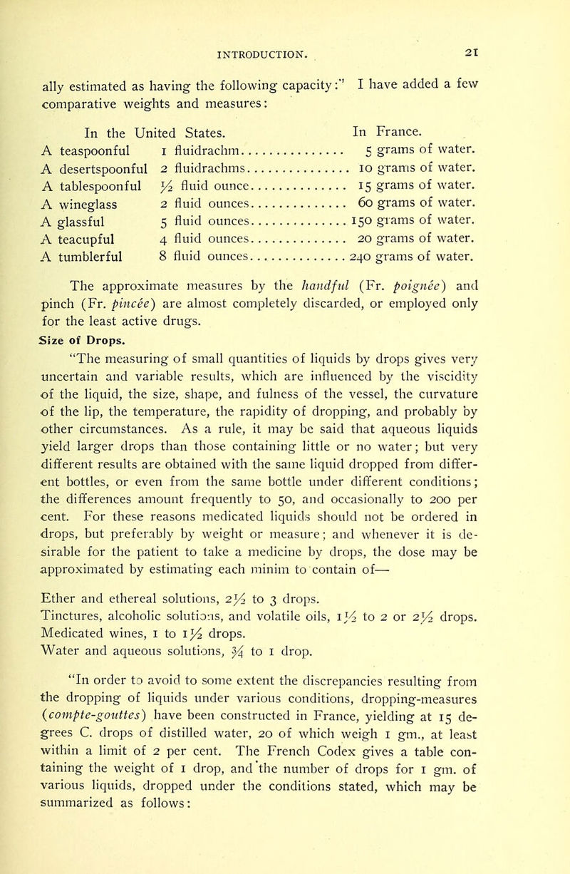 ally estimated as having the following capacity I have added a few comparative weights and measures: In the United States. In France. A teaspoonful i fluidrachm 5 grams of water. A desertspoonful 2 fluidrachms 10 grams of water. A tablespoonful >^ fluid ounce 15 grams of water. A wineglass 2 fluid ounces 60 grams of water. A glassful 5 fluid ounces 150 grams of water. A teacupful 4 fluid ounces 20 grams of water. A tumblerful 8 fluid ounces 240 grams of water. The approximate measures by the handful (Fr. poignee) and pinch (Fr. pincee) are almost completely discarded, or employed only for the least active drugs. Size of Drops. The measuring of small quantities of liquids by drops gives very uncertain and variable results, which are influenced by the viscidity of the liquid, the size, shape, and fulness of the vessel, the curvature of the lip, the temperature, the rapidity of dropping, and probably by other circumstances. As a rule, it may be said that aqueous liquids yield larger drops than those containing little or no water; but very different results are obtained with the same liquid dropped from differ- ent bottles, or even from the same bottle under different conditions; the differences amount frequently to 50, and occasionally to 200 per cent. For these reasons medicated liquids should not be ordered in drops, but preferably by weight or measure; and whenever it is de- sirable for the patient to take a medicine by drops, the dose may be approximated by estimating each minim to contain of— Ether and ethereal solutions, 2^ to 3 drops. Tinctures, alcoholic solutions, and volatile oils, iJ-4 to 2 or 2^/2 drops. Medicated wines, i to ij^ drops. Water and aqueous solutions, % to i drop. In order to avoid to some extent the discrepancies resulting from the dropping of liquids under various conditions, dropping-measures (compte-gouttes) have been constructed in France, yielding at 15 de- grees C. drops of distilled water, 20 of which weigh i gm., at least within a limit of 2 per cent. The French Codex gives a table con- taining the weight of i drop, and the number of drops for i gm. of various liquids, dropped under the conditions stated, which may be summarized as follows: