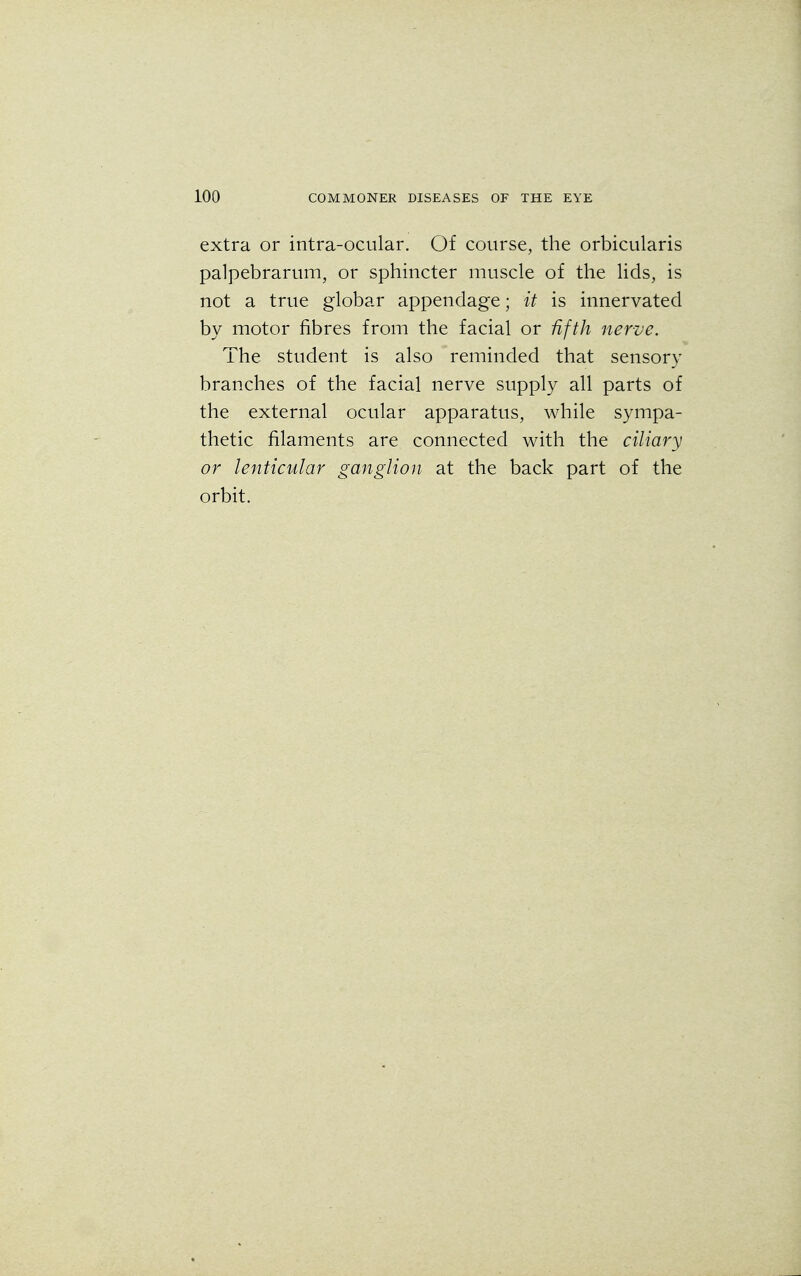 extra or intra-ocular. Of course, the orbicularis palpebrarum, or sphincter muscle of the lids, is not a true globar appendage; it is innervated by motor fibres from the facial or fifth nerve. The student is also reminded that sensory branches of the facial nerve supply all parts of the external ocular apparatus, while sympa- thetic filaments are connected with the ciliary or lenticular ganglion at the back part of the orbit.
