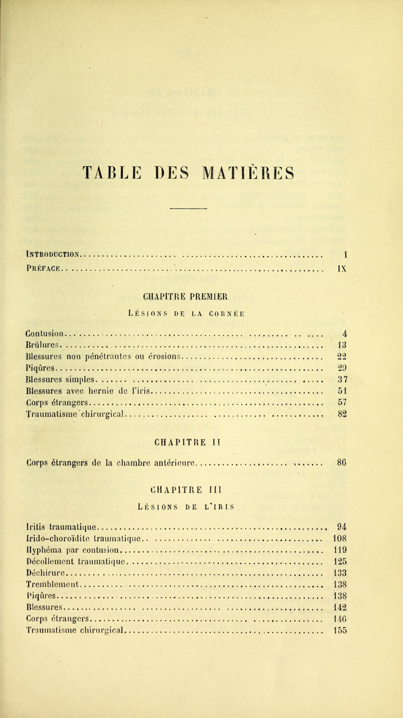 TABLE DES MATIÈRES Introduction 1 Préface ' IX CHAPITRE PREMIER LÉSIONS DE LA CORNÉE Contusion 4 Brûlures , 13 Blessures non pénétrantes ou érosions < 22 Piqûres 29 Blessures simples 3 7 Blessures avec hernie de l'iris 51 Corps étrangers 57 Traumatisme chirurgical 82 CHAPITRE II Corps étrangers de la chambre antérieure , 8G CHAPITRE III LÉSIONS DE L'IRIS Iritis traumalique 94. Irido-choro'ïdite traumalique 108 Hyphéma par contusion 119 Décollement traumatique 125 Déchirure 133 Tremblement 138 Piqûres 138 Blessures 142 Corps étrangers 146 Traumatisme chirurgical 155