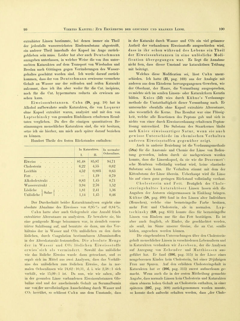 extrahirter Linsen bestimmte, bei denen immer ein Theil der jedenfalls wasserreichsten Rindensubstanz abgestreift, ein anderer Theil innerhalb der Kapsel im Auge zurück- geblieben sein muss. Leider hat aber auch Deutsch mann anzugeben unterlassen, in welcher Weise die von ihm unter- suchten Katarakten auf dem Transport von Wiesbaden und Breslau nach Göttingen gegen Yeränderungen des Wasser- gehaltes geschützt worden sind. Ich werde darauf zurück- kommen, dass der von Deutschmann erwiesene vermehrte Gehalt an Wasser nur der reifenden und reifen Katarakt zukommt, dass ich ihn aber weder für die Cat. incipiens, noch für die Cat. hypermatura reducta als erwiesen an- sehen kann. Eiweisssubstanzen. Cahn (18, pag. 18) hat in Alkohol aufbewahrte senile Katarakten, die von Laqueur ohne Kapsel extrahirt waren, analysirt und mit den von Läptschinsky von gesunden Rindslinsen erhaltenen Resul- taten verglichen. Da dies die einzigen quantitativen Be- stimmungen menschlicher Katarakten sind, die wir besitzen, setze ich sie hierher, um mich auch später darauf beziehen zu können. Hundert Theile des festen Rückstandes enthalten: In Katarakten. In normaler I. II. Ochsenlinse. 81,48 85,87 94,71 Cholesterin 6,22 4,55 0,62 Lecithin 4,52 0,803 0,63 Fett . . . - 1,19 0,79 Alkoh olextrakt 0,83 1,45 0,71 Wasserextrakt 3,94 2,76 1,52 Lösliche l gai e ( ■ • ■ ■ Unlösliche J 1 . . . . 1,81 2,41 1,36 1,14 1,45 0,46 Der Durchschnitt beider Kataraktanalysen ergiebt eine absolute Abnahme des Eiweisses von 0,95 °/o auf 0,84 °/o. Cahn hatte aber auch Gelegenheit eine Anzahl frisch extrahirter Altersstaare zu analysiren. Er bewahrte sie, bis eine genügende Menge beisammen war, in ziemlich concen- trirter Salzlösung auf, und benutzte sie dann, um das Yer- hältniss der in Wasser und CO2 unlöslichen zu den darin löslichen, durch Coagulation bestimmbaren Albuminstoffen in der Alterskatarakt festzustellen. Die absolute Menge der in Wasser und CO2 löslichen Eiweissstoffe erwies'sich als vermindert. Sowohl das unlösliche wie das lösliche Eiweiss wurde dann getrocknet, und es ergab sich' im Mittel aus zwei Analysen, dass das Yerhält- niss des unlöslichen zum löslichen Eiweiss, das in nor- malen Ochsenlinsen wie 24,62 :10,31, d. i. wie 2,38: 1 sich verhält, wie 15,09: 1 ist. Da nun, wie wir sahen, alle in der gesunden Linse vorhandenen Eiweisssubstanzen Glo- buline sind und der anscheinende Gehalt an Serumalbumin nur von der unvollständigen Ausscheidung durch Wasser und CO2 herrührt, so schliesst Cahn aus dem Umstände, dass in der Katarakt durch Wasser und CO2 ein viel grösserer Antheil der vorhandenen Eiweissstoffe ausgeschieden wird, dass in ihr schon während des Lebens ein Theil der Eiweisssubstanzen in eine unlösliche Modi- fication übergegangen war. Es liegt die Annahme nicht fern, dass dieser Umstand zur kataraktösen Trübung mit beiträgt. Welches diese Modifieation sei, lässt Cahn unent- schieden. Ich hatte (11, pag. 169) aus der Analogie mit anderen aus dem Ektoderm hervorgegangenen Geweben, wie der Oberhaut, der Haare, die Yermuthung ausgesprochen, es möchte sich im senilen Linsen- oder Kataraktkern Keratin bilden. Knies (52) wies durch Kühne's Yerdauungs- methode die Unstatthaftigkeit dieser Yermuthung nach. Er untersuchte ebenfalls ohne Kapsel extrahirte Altersstaare, also wesentlich die Kerne. Das Resultat war eine Flüssig- keit, welche alle Reactionen des Peptons gab und sich in nichts von einer durch Eiweissverdauung erhaltenen Pepton- lösung unterschied. Die Substanz des Staarkernes bleibt nach Knies eiweissartiger Natur, wenn sie auch gewisse Unterschiede im chemischen Yerhalten anderen Eiweissstoffen gegenüber zeigt. Auch in anderer Beziehung ist die Yerdauungsmethode (58 a) für die Anatomie und Chemie der Linse von Bedeu- tung geworden, indem durch sie nachgewiesen werden konnte, dass die Linsenkapsel, da sie wie die Descemet'- sche Membran vollständig verdaut wird, keine elastische Substanz sein kann. Ihr Yerhalten stimmt mit dem der Kittsubstanz der Linse überein. Ueberhaupt wird die Linse bis auf einen ganz geringen Rückstand vollständig verdaut. Cholesterin und Fett. Bezüglich des Chole- steringehaltes kataraktöser Linsen lassen sich die Angaben der Autoren einigermaassen in Einklang bringen. Kühne (58, pag. 400) fand in den Linsen alter Individuen (Menschen), welche eine bernsteingelbe Farbe besitzen, mehr Fett und Cholesterin, als in normalen. Läp- tschinsky (60, pag. 633) konnte dies für bernsteingelbe Linsen von Rindern nur für das Fett bestätigen. Es ist aber auch fraglich, ob Rinder, die geschlachtet werden, als senil, im Sinne unserer Greise, die an Cat. senilis leiden, angesehen werden können. Die eingehendsten Untersuchungen über den Cholesterin- gehalt menschlicher Linsen in verschiedenen Lebensaltern und in Katarakten verdanken wir Jacobsen, der die Analysen auf Anregung von Zehender und Matthiessen aus- geführt hat. Er fand (106, pag. 315) in der Linse eines neugeborenen Kindes kein Cholesterin, bei einer 20jährigen Frau nur Spuren. Auf den erhöhten Cholesteringehalt in Katarakten hat er (106, pag. 313) zuerst aufmerksam ge- macht. Wenn auch die in der ersten Mittheilung gemachte Angabe, dass normale Linsen kein Cholesterin und Katarakten einen abnorm hohen Gehalt an Cholesterin enthalten, in einer späteren (107, pag. 309) zurückgenommen werden musste, so konnte doch aufrecht erhalten werden, dass „der Chole-