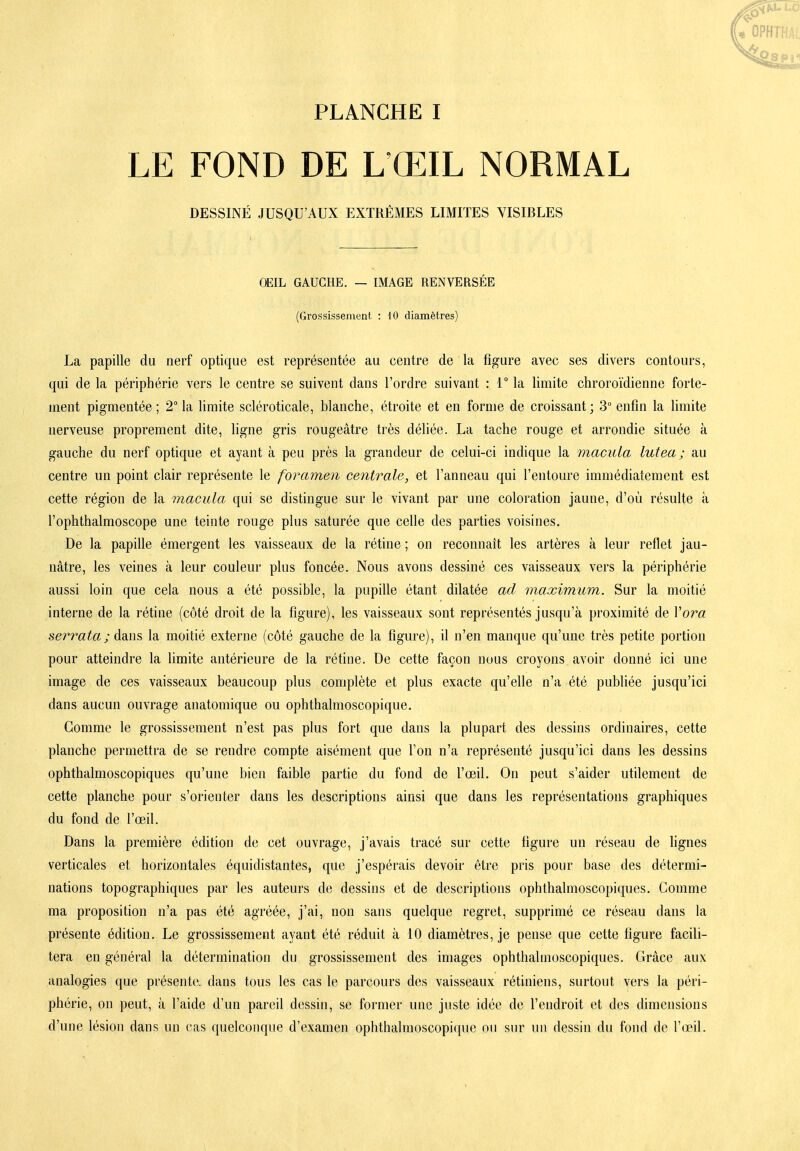 LE FOND DE L ŒIL NORMAL DESSINÉ JUSQU'AUX EXTRÊMES LIMITES VISIBLES OEIL GAUCHE. — IMAGE RENVERSÉE (Grossissement : iO diamètres) La papille du nerf optique est représentée au centre de la figure avec ses divers contours, qui de la périphérie vers le centre se suivent dans l'ordre suivant : 1° la limite chroroïdienne forte- ment pigmentée ; 2° la limite scléroticale, blanche, étroite et en forme de croissant ; 3° enfin la Umite nerveuse proprement dite, ligne gris rougeâtre très déliée. La tache rouge et arrondie située à gauche du nerf optique et ayant à peu près la grandeur de celui-ci indique la macula lutea ; au centre un point clair représente le foramen centrale, et l'anneau qui l'entoure immédiatement est cette région de la macula qui se distingue sur le vivant par une coloration jaune, d'où résulte à l'ophthalmoscope une teinte rouge plus saturée que celle des parties voisines. De la papille émergent les vaisseaux de la rétine ; on reconnaît les artères à leur reflet jau- nâtre, les veines à leur couleur plus foncée. Nous avons dessiné ces vaisseaux vers la périphérie aussi loin que cela nous a été possible, la pupille étant dilatée ad maximum. Sur la moitié interne de la rétine (côté droit de la figure), les vaisseaux sont représentés jusqu'à proximité de Vora serrata; &m% la moitié externe (côté gauche de la figure), il n'en manque qu'une très petite portion pour atteindre la limite antérieure de la rétine. De cette façon nous croyons, avoir donné ici une image de ces vaisseaux beaucoup plus complète et plus exacte qu'elle n'a été publiée jusqu'ici dans aucun ouvrage anatomique ou ophthalmoscopique. Gomme le grossissement n'est pas plus fort que dans la plupart des dessins ordinaires, cette planche permettra de se rendre compte aisément que l'on n'a représenté jusqu'ici dans les dessins ophthalmoscopiques qu'une bien faible partie du fond de l'œil. On peut s'aider utilement de cette planche pour s'orienter dans les descriptions ainsi que dans les représentations graphiques du fond de l'œil. Dans la première édition de cet ouvrage, j'avais tracé sur cette figure un réseau de fignes verticales et horizontales équidistantes, que j'espérais devoir être pris pour base des détermi- nations topographiques par les auteurs de dessins et de descriptions ophthalmoscopiques. Gomme ma proposition n'a pas été agréée, j'ai, non sans quelque regret, supprimé ce réseau dans la présente édition. Le grossissement ayant été réduit à 10 diamètres, je pense que cette figure facili- tera en général la détermination du grossissement des images ophthalmoscopiques. Grâce aux analogies que présente, dans tous les cas le parcours des vaisseaux rétiniens, surtout vers la péri- phérie, on peut, à l'aide d'un pareil dessin, se former une juste idée de l'endroit et des dimensions d'une lésion dans un cas quelconque d'examen ophthalmoscopi(|ue ou sur un dessin du fond de l'œil.