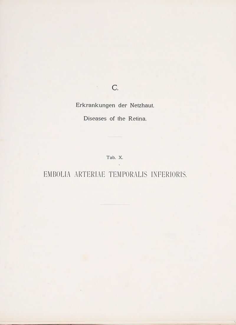 c. Erkrankungen der Netzhaut. Diseases of the Retina. Tab. X. EMBOLIA ARTERIAE TEMPORALIS INFERIORIS.