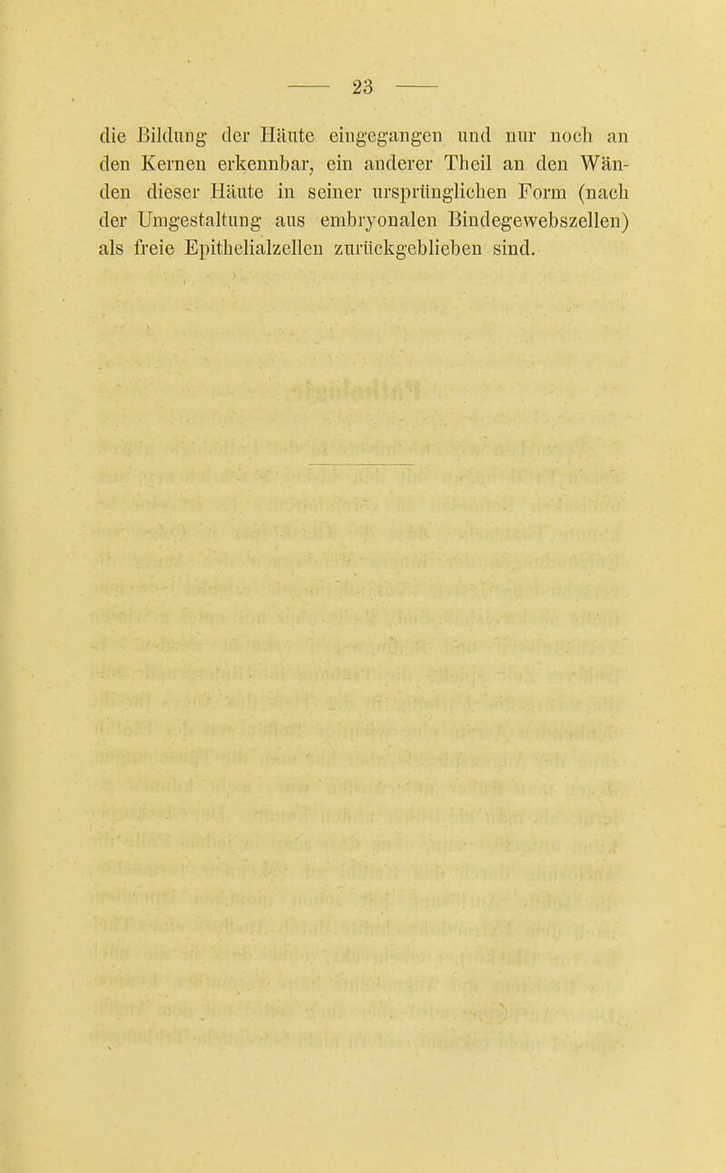 die Bildung der Häute eingegangen und nur noch an den Kernen erkennbar, ein anderer Theil an den Wän- den dieser Häute in seiner ursprünglichen Form (nach der Umgestaltung aus embryonalen Bindegewebszellen) als freie Epithelialzellen zurückgeblieben sind.