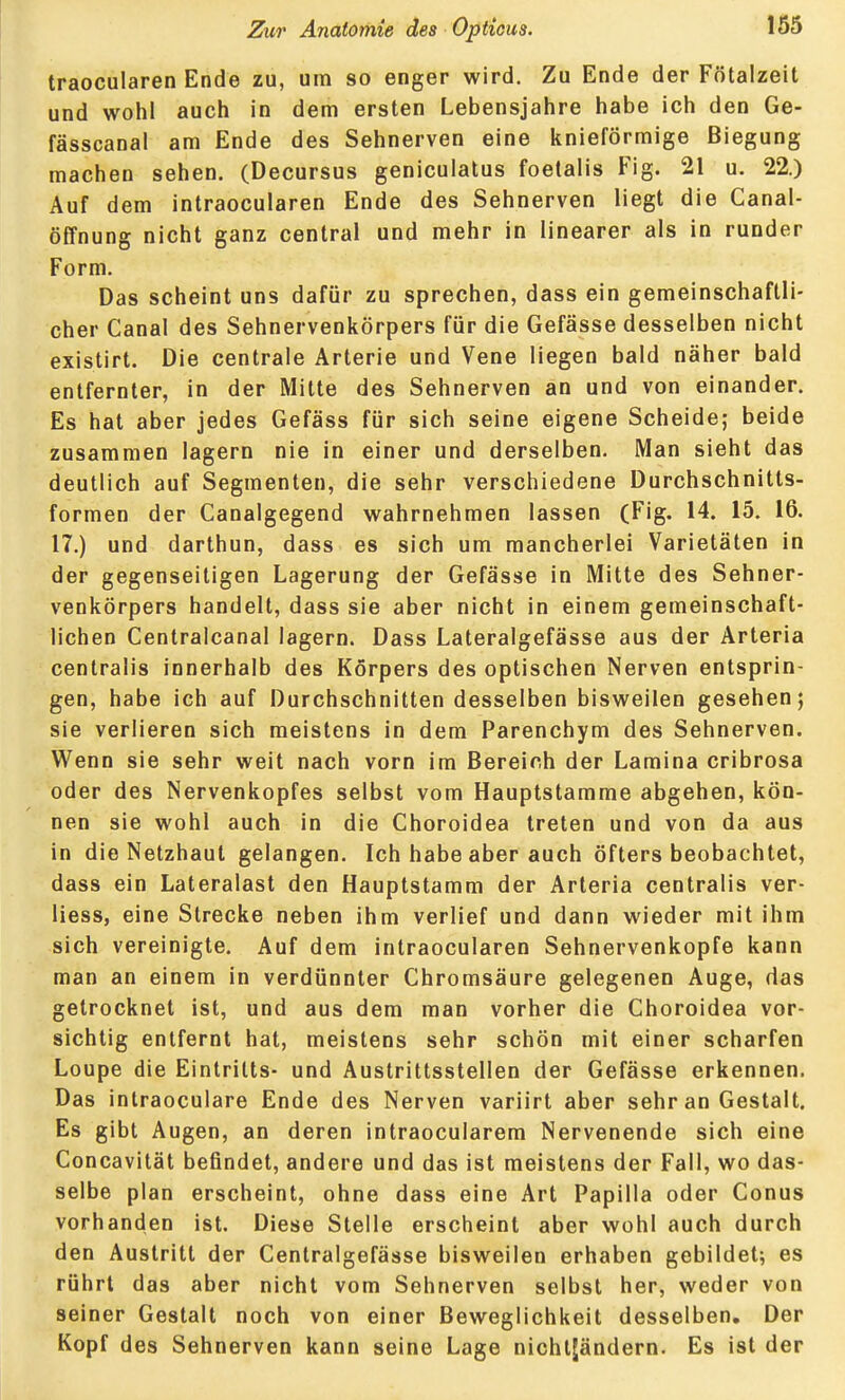 traocularen Ende zu, um so enger wird. Zu Ende der Fötalzeit und wohl auch in dem ersten Lebensjahre habe ich den Ge- fässcanal am Ende des Sehnerven eine knieförmige Biegung machen sehen. (Decursus geniculatus foetalis Fig. 21 u. 22.) Auf dem intraocularen Ende des Sehnerven liegt die Canal- öffnung nicht ganz central und mehr in linearer als in runder Form. Das scheint uns dafür zu sprechen, dass ein gemeinschaftli- cher Canal des Sehnervenkörpers für die Gefässe desselben nicht existirt. Die centrale Arterie und Vene liegen bald näher bald entfernter, in der Mitte des Sehnerven an und von einander. Es hat aber jedes Gefäss für sich seine eigene Scheide; beide zusammen lagern nie in einer und derselben. Man sieht das deutlich auf Segmenten, die sehr verschiedene Durchschnitts- formen der Canalgegend wahrnehmen lassen (Fig. 14. 15. 16. 17.) und darthun, dass es sich um mancherlei Varietäten in der gegenseitigen Lagerung der Gefässe in Mitte des Sehner- venkörpers handelt, dass sie aber nicht in einem gemeinschaft- lichen Centralcanal lagern. Dass Lateralgefässe aus der Arteria centralis innerhalb des Körpers des optischen Nerven entsprin- gen, habe ich auf Durchschnitten desselben bisweilen gesehen j sie verlieren sich meistens in dem Parenchym des Sehnerven. Wenn sie sehr weit nach vorn im Bereich der Lamina cribrosa oder des Nervenkopfes selbst vom Hauptstamme abgehen, kön- nen sie wohl auch in die Choroidea treten und von da aus in die Netzhaut gelangen. Ich habe aber auch öfters beobachtet, dass ein Lateralast den Hauptstamm der Arteria centralis ver- liess, eine Strecke neben ihm verlief und dann wieder mit ihm sich vereinigte. Auf dem intraocularen Sehnervenkopfe kann man an einem in verdünnter Chromsäure gelegenen Auge, das getrocknet ist, und aus dem man vorher die Choroidea vor- sichtig entfernt hat, meistens sehr schön mit einer scharfen Loupe die Eintritts- und Austrittsstellen der Gefässe erkennen. Das intraoculare Ende des Nerven variirt aber sehr an Gestalt. Es gibt Augen, an deren intraocularem Nervenende sich eine Concavität befindet, andere und das ist meistens der Fall, wo das- selbe plan erscheint, ohne dass eine Art Papilla oder Conus vorhanden ist. Diese Stelle erscheint aber wohl auch durch den Austritt der Centralgefässe bisweilen erhaben gebildet; es rührt das aber nicht vom Sehnerven selbst her, weder von seiner Gestalt noch von einer Beweglichkeit desselben. Der Kopf des Sehnerven kann seine Lage nichtjändern. Es ist der