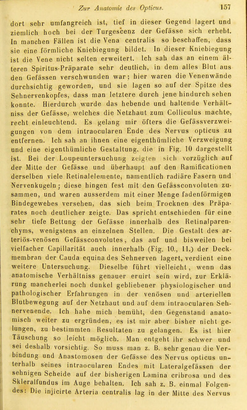 dort sehr umfangreich ist, tief in dieser Gegend lagert und ziemlich hoch bei der Turgescenz der Gefässe sich erhebt. In manchen Fällen ist die Vena centralis so beschaffen, dass sie eine förmliche Kniebiegung bildet. In dieser Kniebiegung ist die Vene nicht selten erweitert. Ich sah das an einem äl- teren Spiritus-Präparate sehr deutlich, in dem alles Blut aus den Gefässen verschwunden war; hier waren die Venenwände durchsichtig geworden, und sie lagen so auf der Spjlze des Sehnervenkopfes, dass man letztere durch jene hindurch sehen konnte. Hierdurch wurde das hebende und haltende Verhält- niss der Gefässe, welches die Netzhaut zum Colliculus machte, recht einleuchtend. Es gelang mir öfters die Gefässverzwei- gungen von dem intraocularen Ende des Nervus opticus zu entfernen. Ich sah an ihnen eine eigenthümliche Verzweigung und eine eigenthümliche Gestaltung, die in Fig. 10 dargestellt ist. Bei der Loupeuntersuchung zeigten sich vorzüglich auf der Mitte der Gefässe und überhaupt auf den Ramificationen derselben viele Retinalelemente, namentlich radiäre Fasern und Nervenkugeln; diese hingen fest mit den Gefässconvoluten zu- sammen, und waren ausserdem mit einer Menge fadenförmigen Bindegewebes versehen, das sich beim Trocknen des Präpa- rates noch deutlicher zeigte. Das spricht entschieden für eine sehr tiefe Bettung der Gefässe innerhalb des Retinalparen- chyms, wenigstens an einzelnen Stellen. Die Gestalt des ar- teriös-venösen Gefässconvolutes, das auf und bisweilen bei vielfacher Capillarität auch innerhalb (Fig. 10., 11.) der Deck- membran der Cauda equina des Sehnerven lagert, verdient eine weitere Untersuchung. Dieselbe führt vielleicht, wenn das anatomische Verhällniss genauer eruirt sein wird, zur Erklä- rung mancherlei noch dunkel gebliebener physiologischer und pathologischer Erfahrungen in der venösen und arteriellen Blutbewegung auf der Netzhaut und auf dem intraocularen Seh- nervenende. Ich habe mich bemüht, den Gegenstand anato- misch weiter zu ergründen, es ist mir aber bisher nicht ge- lungen, zu bestimmten Resultaten zu gelangen. Es ist hier Täuschung so leicht möglich. Man entgeht ihr schwer und sei deshalb vorsichtig. So muss man z. B. sehr genau die Ver- bindung und Anastomosen der Gefässe des Nervus opticus un- terhalb seines intraocularen Endes mit Lateralgefässen der sehnigen Scheide auf der bisherigen Lamina cribrosa und des Skleralfundus im Auge behalten. Ich sah z. B. einmal Folgen- des: Die injicirte Arteria centralis lag in der Mitte des Nervus