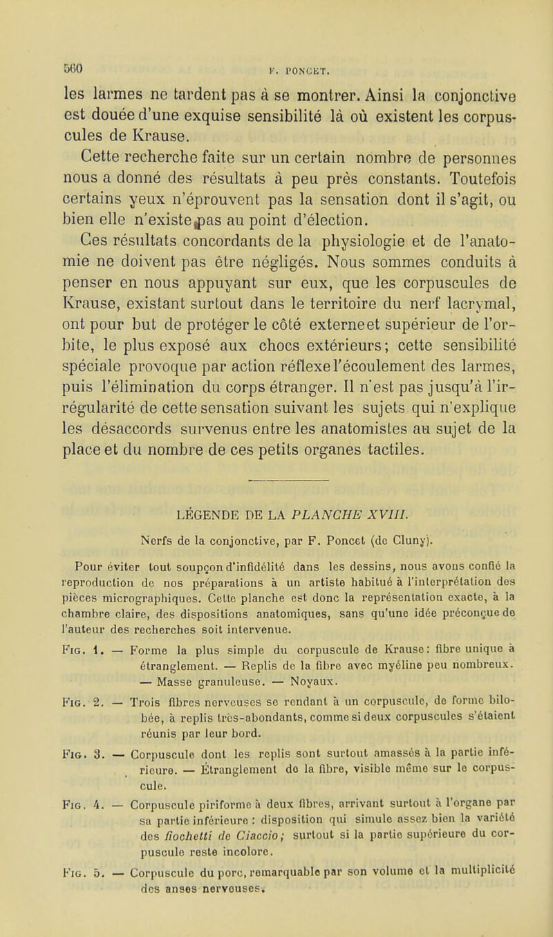 5(50 I'. poni;kt. les larmes ne tardent pas à se montrer. Ainsi la conjonctive est douée d'une exquise sensibilité là où existent les corpus- cules de Krause. Cette recherche faite sur un certain nombre de personnes nous a donné des résultats à peu près constants. Toutefois certains yeux n'éprouvent pas la sensation dont il s'agit, ou bien elle n'existegjas au point d'élection. Ces résultats concordants de la physiologie et de l'anato- mie ne doivent pas être négligés. Nous sommes conduits à penser en nous appuyant sur eux, que les corpuscules de Krause, existant surtout dans le territoire du nerf lacrymal, ont pour but de protéger le côté externe et supérieur de l'or- bite, le plus exposé aux chocs extérieurs; cette sensibilité spéciale provoque par action réflexe l'écoulement des larmes, puis l'élimination du corps étranger. Il n'est pas jusqu'à l'ir- régularité de cette sensation suivant les sujets qui n'explique les désaccords survenus entre les anatomistes au sujet de la place et du nombre de ces petits organes tactiles. LÉGENDE DE LA PLANCHE XVIII. Nerfs de la conjonctive, par F. Poncet (de Cluny). Pour éviter tout soupçond'infldélité dans les dessins, nous avons confié la reproduction de nos préparations à un artiste habitué à l'inlerprétation des pièces micrographiques. Cette planche est donc la représentation exacte, à la chambre claire, des dispositions analomiques, sans qu'une idée préconçue de l'auteur des recherches soit intervenue. FiG. 1. — Forme la plus simple du corpuscule de Krause: fibre unique à étranglement. — Replis de la fibre avec myéline peu nombreux. — Masse granuleuse. — Noyaux. FiG. 2. — Trois fibres nerveuses se rendant à un corpuscule, de forme bilo- bée, à replis trcs-abondants, comme si deux corpuscules s'étaient réunis par leur boi'd. FiG. 3. — Corpuscule dont les replis sont surtout amassés à la partie infé- rieure. — Étranglement do la fibre, visible même sur le corpus- cule. FiG. 4. — Corpuscule piriforme à deux fibres, arrivant surtout à l'organe par sa partie inférieure : disposition qui simule assez bien la variété des {lochetti do Ciaccio; surtout si la partie supérieure du cor- puscule reste incolore. FiG. 5. — Corpuscule du porc, remarquable par son volume et la multiplicité des anses nervousesi