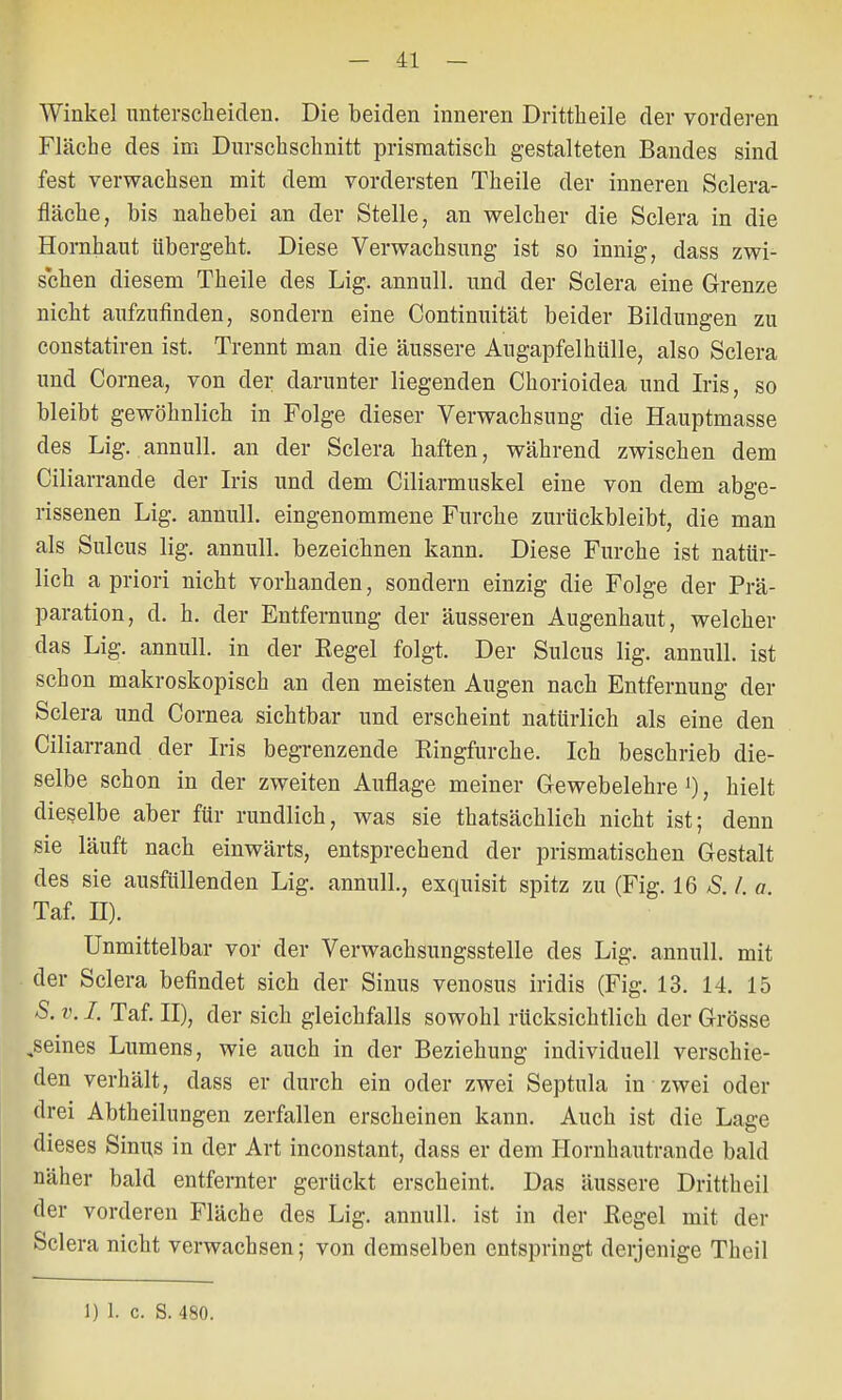 Winkel unterscheiden. Die beiden inneren Drittheile der vorderen Fläche des im Durschschnitt prismatisch gestalteten Bandes sind fest verwachsen mit dem vordersten Theile der inneren Sclera- fläche, bis nahebei an der Stelle, an welcher die Sclera in die Hornhaut übergeht. Diese Verwachsung ist so innig, dass zwi- schen diesem Theile des Lig. annull. und der Sclera eine Grenze nicht aufzufinden, sondern eine Continuität beider Bildungen zu constatiren ist. Trennt man die äussere Augapfelhülle, also Sclera und Cornea, von der darunter liegenden Chorioidea und Iris, so bleibt gewöhnlich in Folge dieser Verwachsung die Hauptmasse des Lig. annull. an der Sclera haften, während zwischen dem Ciliarrande der Iris und dem Ciliarmuskel eine von dem abge- rissenen Lig. annull. eingenommene Furche zurückbleibt, die man als Sulcus lig. annull. bezeichnen kann. Diese Furche ist natür- lich a priori nicht vorhanden, sondern einzig die Folge der Prä- paration, d. h. der Entfernung der äusseren Augenhaut, welcher das Lig. annull. in der Regel folgt. Der Sulcus lig. annull. ist schon makroskopisch an den meisten Augen nach Entfernung der Sclera und Cornea sichtbar und erscheint natürlich als eine den Ciliarrand der Iris begrenzende Ringfurche. Ich beschrieb die- selbe schon in der zweiten Auflage meiner Gewebelehre l), hielt dieselbe aber für rundlich, was sie thatsächlich nicht ist; denn sie läuft nach einwärts, entsprechend der prismatischen Gestalt des sie ausfüllenden Lig. annull., exquisit spitz zu (Fig. 16 S. I. a. Taf. H). Unmittelbar vor der Verwachsungsstelle des Lig. annull. mit der Sclera befindet sich der Sinus venosus iridis (Fig. 13. 14. 15 S. v. I. Taf. II), der sich gleichfalls sowohl rücksichtlich der Grösse ^seines Lumens, wie auch in der Beziehung individuell verschie- den verhält, dass er durch ein oder zwei Septula in zwei oder drei Abtheilungen zerfallen erscheinen kann. Auch ist die Lage dieses Sinus in der Art inconstant, dass er dem Hornhautrande bald näher bald entfernter gerückt erscheint. Das äussere Drittheil der vorderen Fläche des Lig. annull. ist in der Regel mit der Sclera nicht verwachsen; von demselben entspringt derjenige Theil 1) 1. c. S. 480.