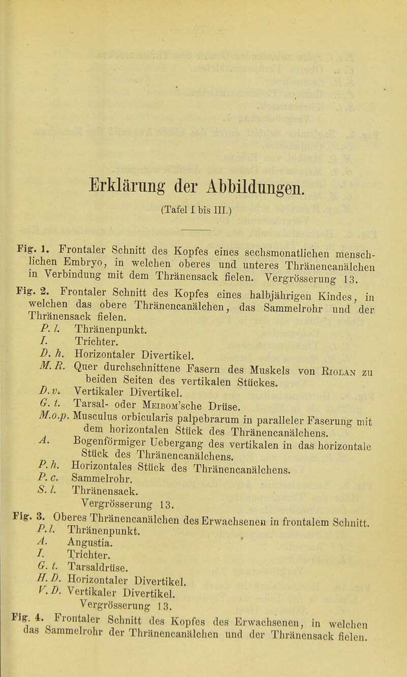 Erklärung der Abbildungen. (Tafel I bis III.) Fig. 1. Frontaler Schnitt des Kopfes eines sechsmonatlichen mensch- lichen Embryo, in welchen oberes und unteres Thränencanälchen m Verbindung mit dem Thränensack fielen. Vergrößerung 13. Fig. 2. Frontaler Schnitt des Kopfes eines halbjährigen Kindes in welchen das obere Thränencanälchen, das Sammelrohr und der Thränensack fielen. P. I. Thränenpunkt. I. Trichter. D. h. Horizontaler Divertikel. M.R. Quer durchschnittene Fasern des Muskels von Riohn zu beiden Seiten des vertikalen Stückes. B.v. Vertikaler Divertikel. G. t. Tarsal- oder MEiBOM'sche Drüse. M.o.p. Musculus orbicularis palpebrarum in paralleler Faserung mit dem horizontalen Stück des Thränencanälchens. A. Bogenförmiger Uebergang des vertikalen in das horizontale Stück des Thränencanälchens. P.h. Horizontales Stück des Thränencanälchens. P. c. Sammelrohr. S. I. Thränensack. Vergrösserung 13. Fig. 3. Oberes Thränencanälchen des Erwachsenen in frontalem Schnitt. P. I. Thränenpunkt. A. Angustia. /. Trichter. G- t. Tarsaldrüse. H. D. Horizontaler Divertikel. KD. Vertikaler Divertikel. Vergrösserung 13. Fig 4. Frontaler Schnitt des Kopfes des Erwachsenen, in welchen das Sammelrohr der Thränencanälchen und der Thränensack fielen.