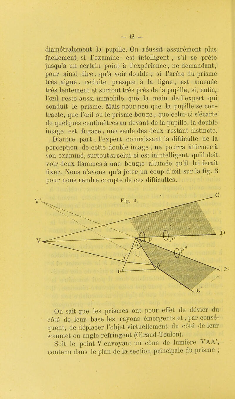 diamétralemeut la pupille. On réussit assurément plus facilement si l'examiné est intelligent , s'il se prête jusqu'à un certain point à l'expérience, ne demandant, pour jiinsi dire , qu'à voir double ; si l'arête du prisme très aiguë, réduite presque à la ligne, est amenée très lentement et surtout très près de la pupille, si, enfin, l'œil reste aussi immobile que la main de l'expert qui conduit le prisme. Mais pour peu que la pupille se con- tracte, que l'œil ou le prisme bouge, que celui-ci s'écarte de quelques centimètres au devant de la pupille, Ja double image est fugace , une seule des deux restant distincte. D'autre part , l'expert connaissant la difficulté de la perception de cette double image , ne pourra affirmer à son examiné, surtout si celui-ci est inintelligent, qu'il doit voir deux flammes à une bougie allumée qu'il lui ferait fixer. Nous n'avons qu'à jeter un coup d'œil sur la fig. 3 pour nous rendre compte de ces difficultés. C On sait que les prismes ont pour efîet de dévier du côté de .leur base les rayons émergents et, par consé- quent, de déplacer l'objet virtuellement du côté de leur sommet ou angle réfringent (Giraud-Teulon). Soit le point V envoyant un cône de lumière VAA', contenu dans le plan de la section principale du prisme ;