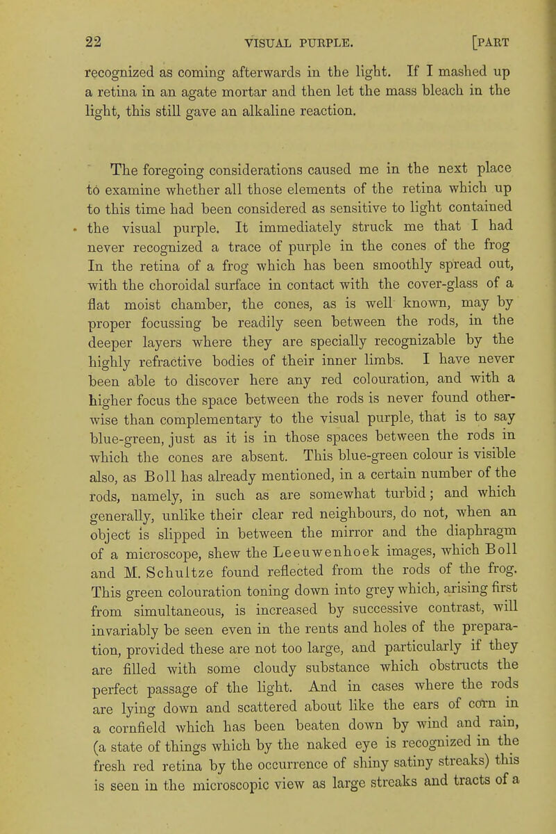 recognized as coming afterwards in the light. If I mashed up a retina in an agate mortar and then let the mass bleach in the light, this still gave an alkaline reaction. The foregoing considerations caused me in the next place to examine whether all those elements of the retina which up to this time had been considered as sensitive to light contained • the visual purple. It immediately struck me that I had never recognized a trace of purple in the cones of the frog In the retina of a frog which has been smoothly spread out, with the choroidal surface in contact with the cover-glass of a flat moist chamber, the cones, as is well known, may by proper focussing be readily seen between the rods, in the deeper layers where they are specially recognizable by the highly refractive bodies of their inner limbs. I have never been able to discover here any red colouration, and with a higher focus the space between the rods is never found other- wise than complementary to the visual purple, that is to say blue-green, just as it is in those spaces between the rods in which the cones are absent. This blue-green colour is visible also, as Boll has already mentioned, in a certain number of the rods, namely, in such as are somewhat turbid; and which generally, unlike their clear red neighbours, do not, when an object is slipped in between the mirror and the diaphragm of a microscope, shew the Leeuwenhoek images, which Boll and M. Schuitze found reflected from the rods of the frog. This green colouration toning down into grey which, arising first from simultaneous, is increased by successive contrast, will invariably be seen even in the rents and holes of the prepara- tion, provided these are not too large, and particularly if they are filled with some cloudy substance which obstructs the perfect passage of the light. And in cases where the rods are lying down and scattered about like the ears of corn in a cornfield which has been beaten down by wind and rain, (a state of things which by the naked eye is recognized in the fresh red retina by the occurrence of shiny satiny streaks) this is seen in the microscopic view as large streaks and tracts of a