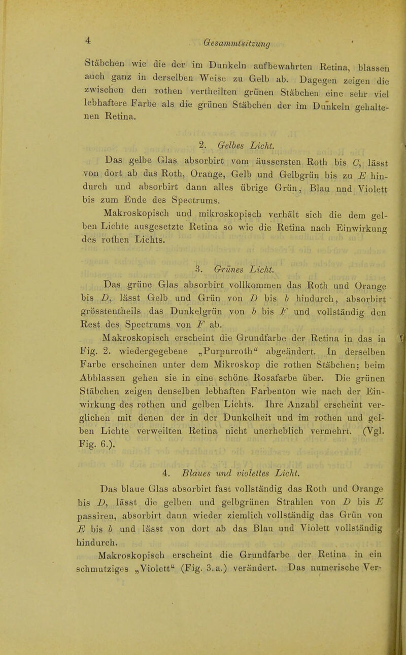 Stäbchen wie die der im Dunkeln aufbewahrten Retina, blassen auch ganz in derselben Weise zu Gelb ab. Dagegen zeigen die zwischen den rothen vertheilten grünen Stäbchen eine sehr viel lebhaftere Farbe als die grünen Stäbchen der im Dunkeln gehalte- nen Retina. 2. Gelbes Licht. Das gelbe Glas absorbirt vom äussersten Roth bis 6', lässt von dort ab das Roth, Orange, Gelb und Gelbgrün bis zu E hin- durch und absorbirt dann alles übrige Grün, Blau nnd Violett bis zum Ende des Spectrums. Makroskopisch und mikroskopisch verhält sich die dem gel- ben Lichte ausgesetzte Retina so wie die Retina nach Einwirkung des rothen Lichts. 3. Ch'ünes Licht. Das grüne Glas absorbirt vollkommen das Roth und Orange bis D, lässt Gelb und Grün von D bis b hindurch, absorbirt grösstentheils das Dunkelgrün von b bis F und vollständig den Rest des Spectrums von F ab. Makroskopisch erscheint die Grundfarbe der Retina in das in Fig. 2. wiedergegebene „Purpurroth abgeändert. In derselben Farbe erscheinen unter dem Mikroskop die rothen Stäbchen; beim Abblassen gehen sie in eine schöne Rosafarbe über. Die grünen Stäbchen zeigen denselben lebhaften Farbenton Avie nach der Ein- wirkung des rothen und gelben Lichts. Ihre Anzahl erscheint ver- glichen mit denen der in der Dunkelheit und im rothen und gel- ben Lichte verweilten Retina nicht unerheblich vermehrt. (Vgl. Fig. 6.). 4. Blaues imd violettes Licht. Das blaue Glas absorbirt fast vollständig das Roth und Orange bis D, lässt die gelben und gelbgrünen Strahlen von D bis E passiren, absorbirt dann wieder ziemlich vollständig das Grün von E bis b und lässt von dort ab das Blau und Violett vollständig hindurch. Makroskopisch erscheint die Grundfarbe der Retina in ein schmutziges „Violett (Fig. S.a.) verändert. Das numerische Ver-