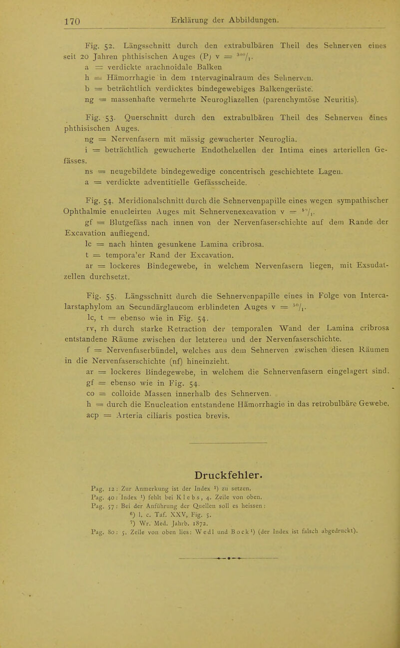 Fig. 52. Längsschnitt durch den exlrabulbiiren Tlieil des Sehnerven eines seit 20 Jahren phthisischen Auges (P; v = ^/i- a verdickte arachnoidale Balkon h Hämorrhagie in dem intcrvaginalraum des Siilinervcn. b = beträchtlich verdiclcles bindegewebiges Balkengerüste, ng = massenhafte vermehrte Neurogliazellen (parenchymtöse Neuritis). Fig. 53- Querschnitt durch den extrabulbäreii Theil des Sehnerven fiines phthisischen Auges. ng = Nervenfasern mit massig gewucherter Neuroglia. i •= beträchtlich gewucherte Endothelzellen der Intima eines arteriellen Ge- fässes. ns = neugebildete bindegewedige concentrisch geschichtete Lagen, a -= verdickte adventitielle Gefässscheide. Fig. 54. Meridionalschnitt durch die Sehnervenpapille eines wegen sympathischer Ophthalmie eniicleirteu Auges mit Sehnervenexcavation v — '''/i- gf = Blutgefäss nach innen von der Nervenfaserschichte auf dem Rande der Excavation aufliegend. Ic = nach hinten gesunkene Lamina cribrosa. t = tempora'er Rand der Excavation. ar = lockeres Bindegewebe, in welchem Nervenfasern liegen, mit Exsudat- zellen durchsetzt. Fig. 55. Längsschnitt durch die Sehnervenpapille eines in Folge von Interca- larstaphylom an Secundärglaucom erblindeten Auges v = Ic, t = ebenso wie in Fig. 54. rv, rh durch starke Retraction der temporalen Wand der Lamina cribrosa entstandene Räume zwischen der letzteren und der Nervenfaserschichte. f = Nervenfaserbündel, welches aus dem Sehnerven zwischen diesen Räumen in die Nervenfaserscliiclite (nf) hineinzieht. ar = lockeres Bindegewebe, in welchem die Sehnervenfasern eingelagert sind. gf = ebenso wie in Fig. 54. CO = colloide Massen innerhalb des Sehnerven. h = durch die Enucleation entstandene Hämorrhagie in das retrobulbäre Gewebe, acp = .-\rteria ciliaris postica brevis. Druckfehler. Pag. 12: Zur Anmerkung ist der Index ') zu setzen. Piig. 40: InJex ') fehlt bei K 1 c b s, 4. Zeile von oben. Pag. S7 : Bei der Anführung der Q.uellcn soll es heisscn : ») 1. c. Taf. XXV, Fig. s. ') Wr. Med. Jahrb. 1872. Pag. 80: 5. Zeile von oben lies: Wedl und Bock') (.der Index ist falsch abgedruckt).