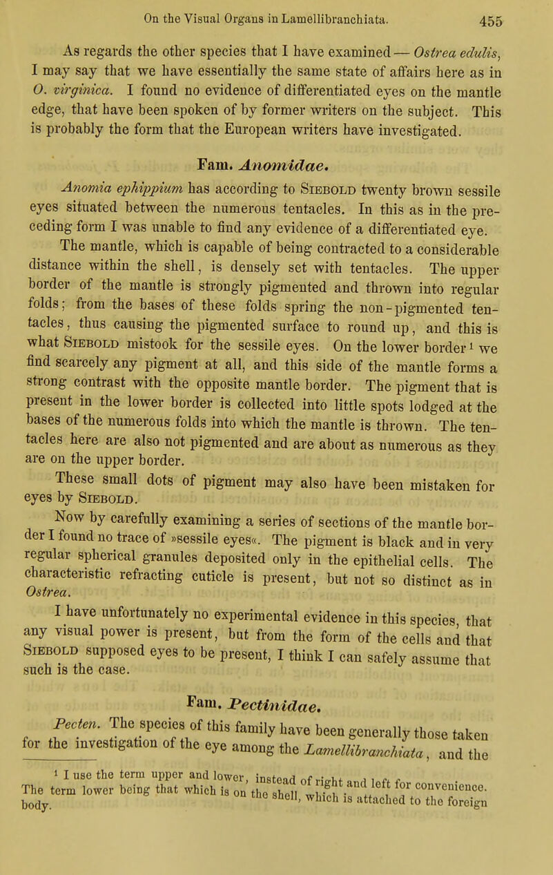 As regards the other species that I have examined — Ostrea edulis, I may say that we have essentially the same state of affairs here as in 0. virginica. I found no evidence of differentiated eyes on the mantle edge, that have been spoken of by former writers on the subject. This is probably the form that the European writers have investigated. Fam. Anomidae. Anomia ephippium has according to Siebold twenty brown sessile eyes situated between the numerous tentacles. In this as in the pre- ceding form I was unable to find any evidence of a differentiated eye. The mantle, which is capable of being contracted to a considerable distance within the shell, is densely set with tentacles. The upper border of the mantle is strongly pigmented and thrown into regular folds; from the bases of these folds spring the non - pigmented ten- tacles , thus causing the pigmented surface to round up, and this is what Siebold mistook for the sessile eyes. On the lower border1 we find scarcely any pigment at all, and this side of the mantle forms a strong contrast with the opposite mantle border. The pigment that is present in the lower border is collected into little spots lodged at the bases of the numerous folds into which the mantle is thrown. The ten- tacles here are also not pigmented and are about as numerous as they are on the upper border. These small dots of pigment may also have been mistaken for eyes by Siebold. Now by carefully examining a series of sections of the mantle bor- der I found no trace of »sessile eyes«. The pigment is black and in very regular spherical granules deposited only in the epithelial cells. The characteristic refracting cuticle is present, but not so distinct as in Ostrea. I have unfortunately no experimental evidence in this species that any visual power is present, but from the form of the cells and that Siebold supposed eyes to be present, I think I can safely assume that such is the case. Fam. Pectinidae. Pecten. The species of this family have been generally those taken for the investigation of the eye among the Lamellibranchiata, and the 1 I use the term upper and lower in0f«„/i c • , , The term lower being that whichC'th*hen wr f C™ieuce- body. me 8heI1> whlc« is attached to the foreign