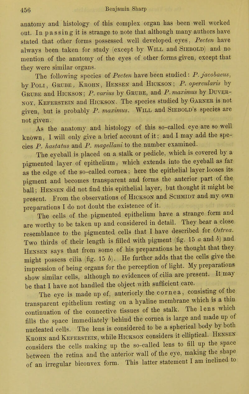 anatomy and histology of this complex organ has been well worked out. In pa ssing it is strange to note that although many authors have stated that other forms possessed well developed eyes, Pecten have always been taken for study (except by Will and Siebold) and no mention of the anatomy of the eyes of other forms given, except that they were similar organs. The following species of Pecten have been studied: P.jacobaeus, by Poli , Geube , Krohn , Hensen and Hickson ; P. operculum by Grube and Hickson; P. varius by Grube, and P. maximus by Duver- noy, Keferstein and Hickson. The species studied by Garner is not given, but is probably P. maximus. Will and Siebold's species are not given. As the anatomy and histology of this so-called eye are so well known, I will only give a brief account of it; and I may add the spe- cies P. hastatus and P. magellani to the number examined. The eyeball is placed on a stalk or pedicle, which is covered by a pigmented layer of epithelium, which extends into the eyeball as far as the edge of the so-called cornea; here the epithelial layer looses its pigment and becomes transparent and forms the anterior part of the ball; Hensen did not find this epithelial layer, but thought it might be present. From the observations of Hickson and Schmidt and my own preparations I do not doubt the existence of it. The cells of the pigmented epithelium have a strange form and are worthy to be taken up and considered in detail. They bear a close resemblance to the pigmented cells that I have described for Ostrea. Two thirds of their length is filled with pigment (fig. 15 a and b) and Hensen says that from some of his preparations he thought that they might possess cilia (fig. 15 b). He further adds that the cells give the impression of being organs for the perception of light. My preparations show similar cells, although no evidences of cilia are present. It may be that I have not handled the object with sufficient care. The eye is made up of, anteriorly the cornea, consisting of the transparent epithelium resting on a hyaline membrane which is a thin continuation of the connective tissues of the stalk. The lens which fills the space immediately behind the cornea is large and made up ot nucleated cells. The lens is considered to be a spherical body by both Krohn and Keferstein, while Hickson considers it elliptical. Hensen considers the cells making up the so-called lens to fill up the space between the retina and the anterior wall of the eye, making the shape of an irregular biconvex form. This latter statement I am inclined to