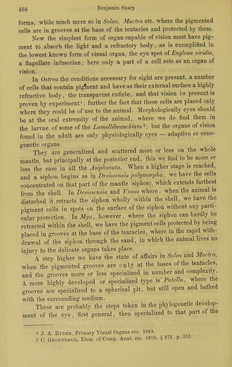 forms, while much more so in Solen, Mactra etc. where the pigmented cells are in grooves at the base of the tentacles and protected by them. Now the simplest form of organ capable of vision must have pig- ment to absorb the light and a refractory body, as is exemplified in the lowest known form of visual organ, the eye spot oiEugletia viridis, a flagellate infusorian; here only a part of a cell acts as an organ of vision. In Ostrea the conditions necessary for sight are present, a number of cells that contain pigtnent and have as their external surface a highly refractive body, the transparent cuticle, and that vision i s present is proven by experiment1; further the fact that these cells are placed only where they could be of use to the animal. Morphologically eyes should be at the oral extremity of the animal, where we do find them in the larvae of some of the Lamellibranchiata*; but the organs of vision found in the adult are only physiologically eyes — adaptive or ceno- genetic organs. They are generalized and scattered more or less on the whole mantle, but principally at the posterior end, this we find to be more or less the case in all the Asiphonata. When a higher stage is reached, and a siphon begins as in Dreissensia polymorpha, we have the cells concentrated on that part of the mantle (siphon), which extends farthest from the shell. In Dreissensia and Venus where, when the animal is disturbed it retracts the siphon wholly within the shell, we have the pigment cells in spots on the surface of the siphon without any parti- cular protection. InMya, however, where the siphon can hardly be retracted within the shell, we have the pigment cells protected by being placed in grooves at the base of the tentacles, where in the rapid with- drawal of the siphon through the sand, in whicb the animal lives no injury to the delicate organs takes place. A step higher we have the state of affairs in Solen and Mactra, when the pigmented grooves are only at the bases of the tentacles, and the grooves more or less specialized in number and complexity. A more highly developed or specialized type is Patella, where the grooves are specialized to a spherical pit, but still open and bathed with the surrounding medium. These are probably the steps taken in the phylogenetic develop- ment of the eye, first general, then specialized to that part of the 1 J. A. Ryder, Primary Visual Organs etc. 1583.